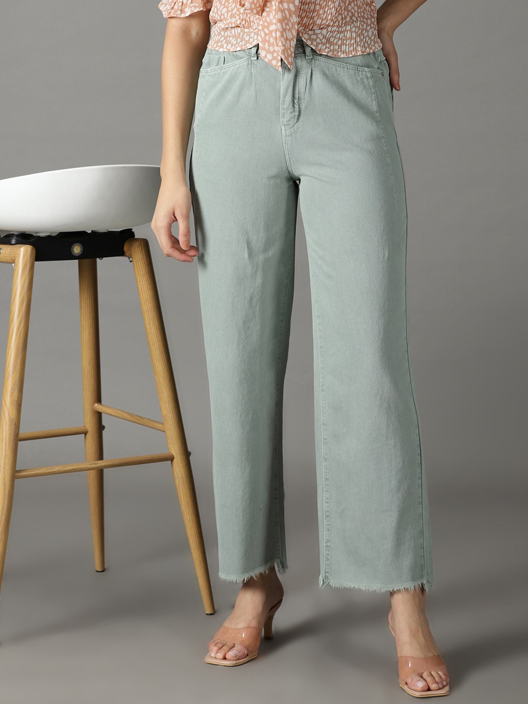 

SHOWOFF Women Wide Leg High-Rise Cotton Jeans, Green