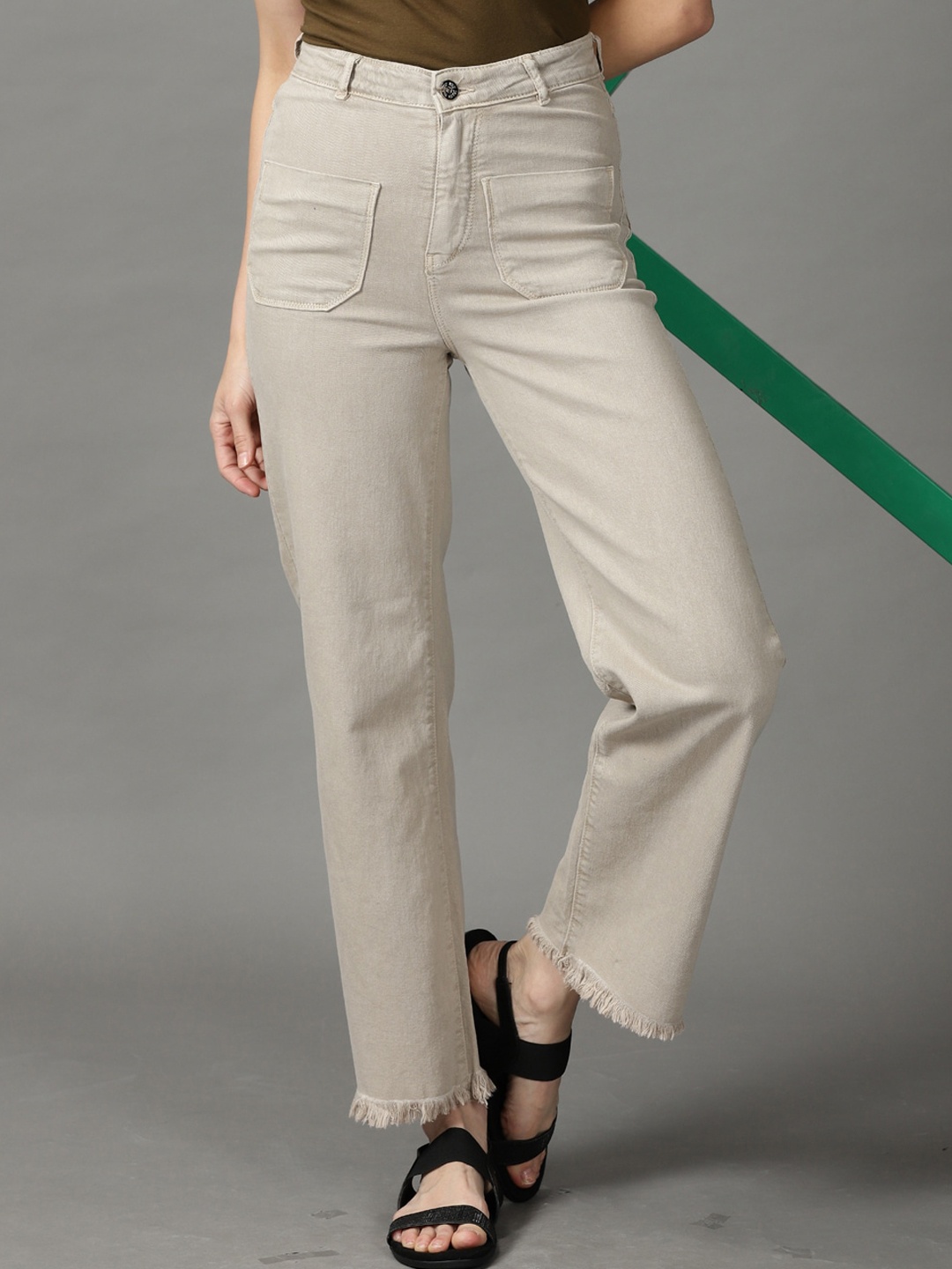 

SHOWOFF Women Wide Leg High-Rise Stretchable Cotton Jeans, Beige