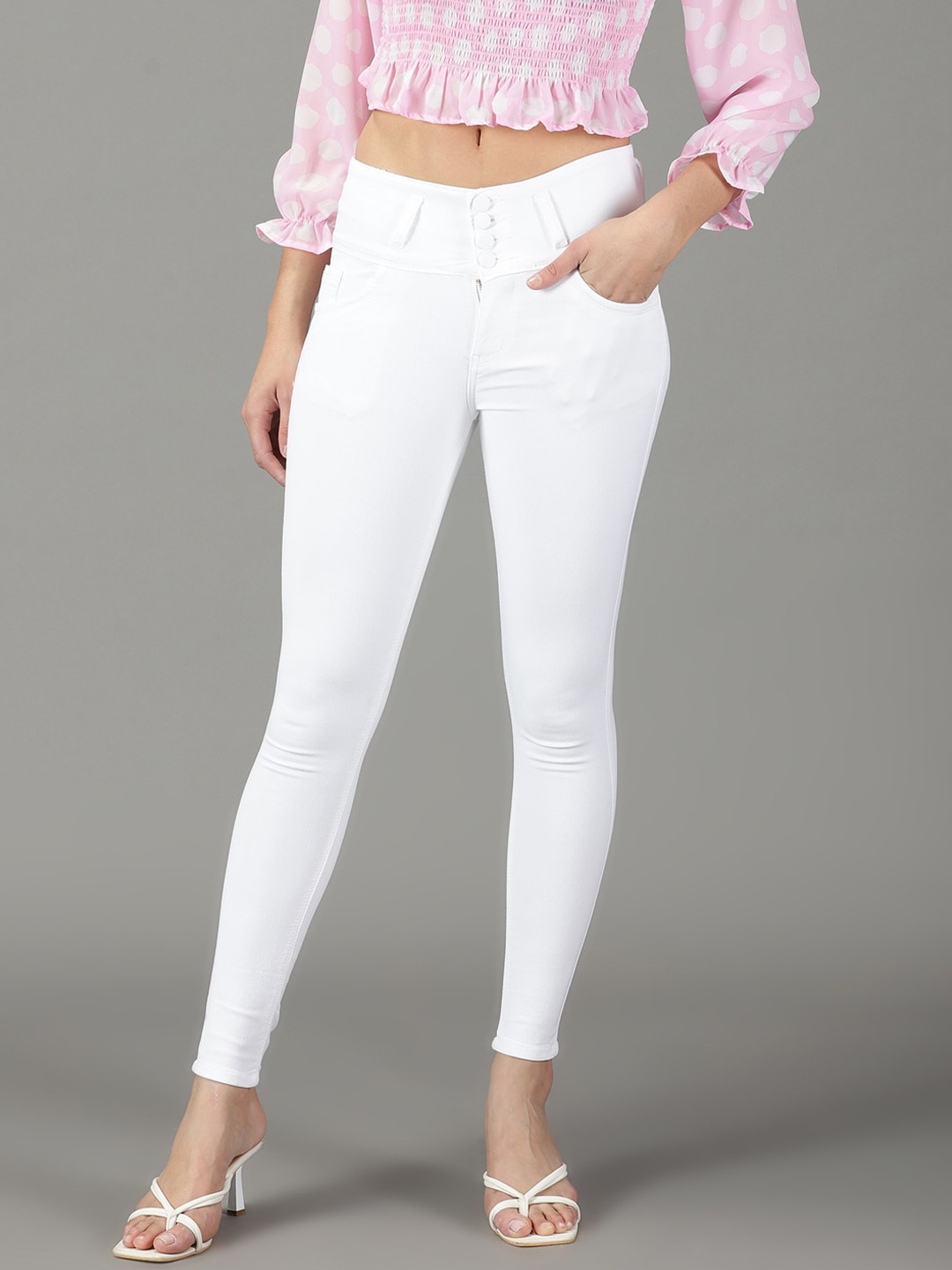 

SHOWOFF Women Skinny Fit Mid-Rise Acid Wash Stretchable Cotton Jeans, White