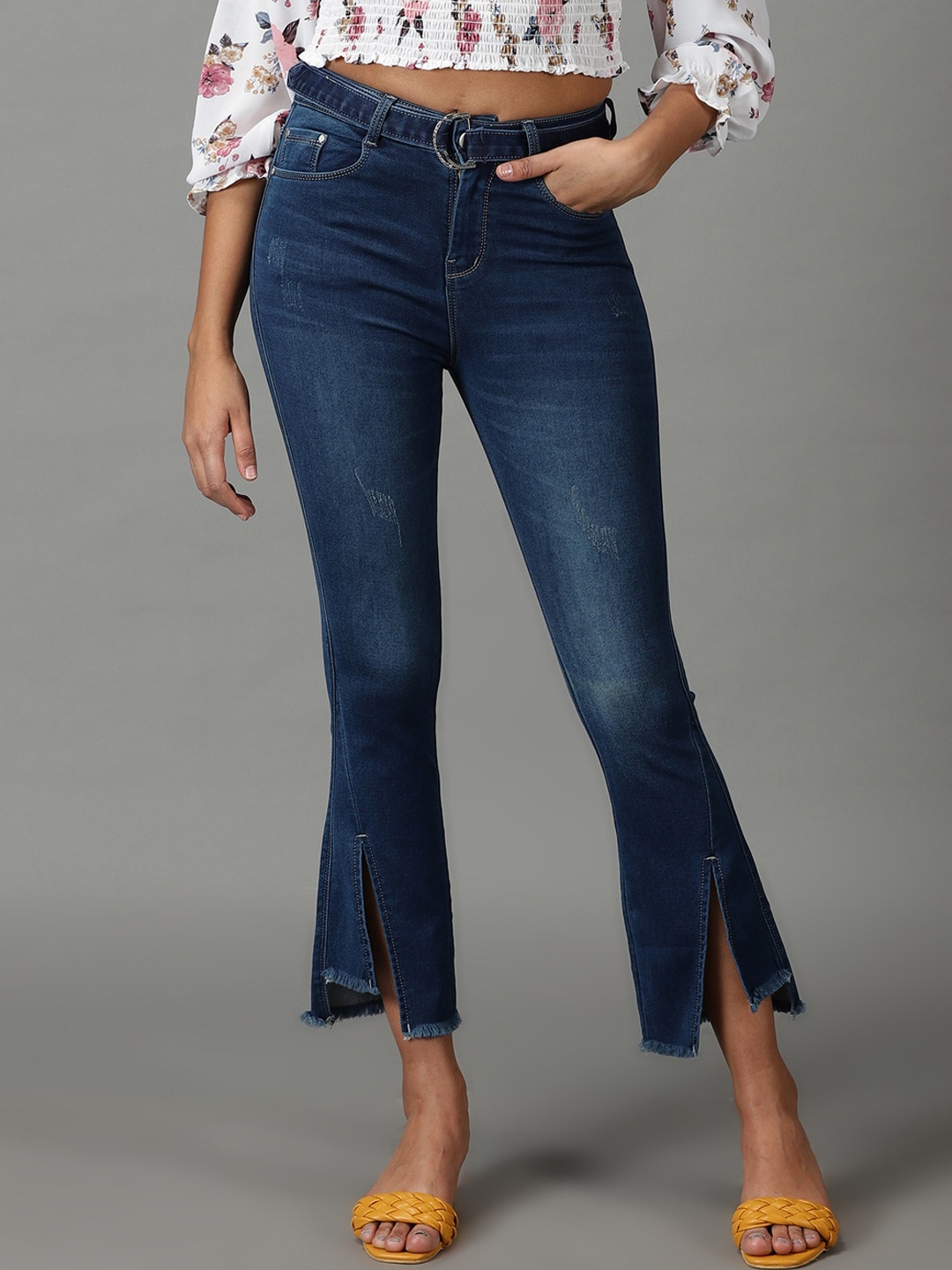 

SHOWOFF Women Bootcut High-Rise Light Fade Acid Wash Stretchable Cotton Jeans, Navy blue