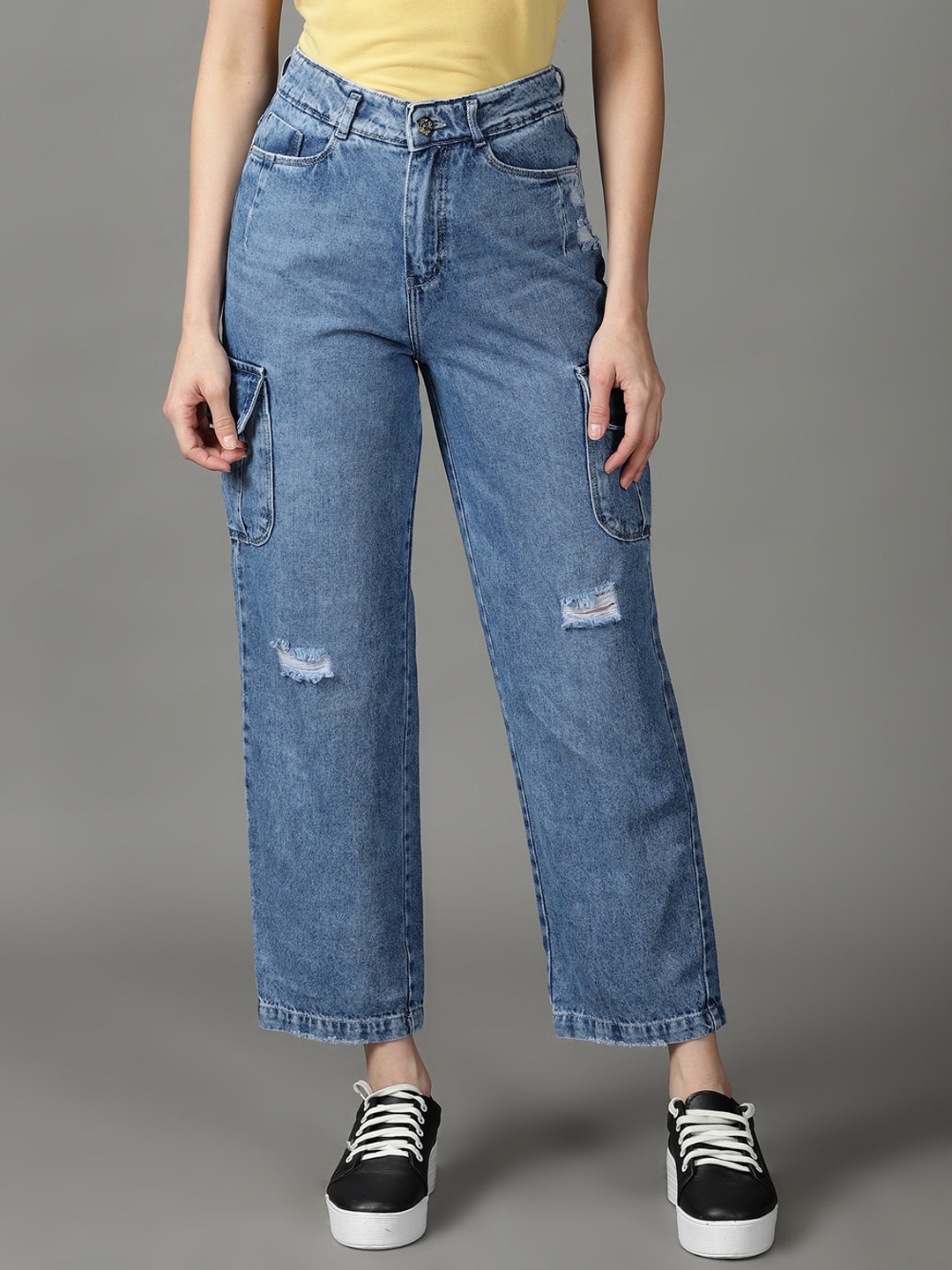 

SHOWOFF Women High-Rise Slash Knee Light Fade Cotton Jeans, Blue