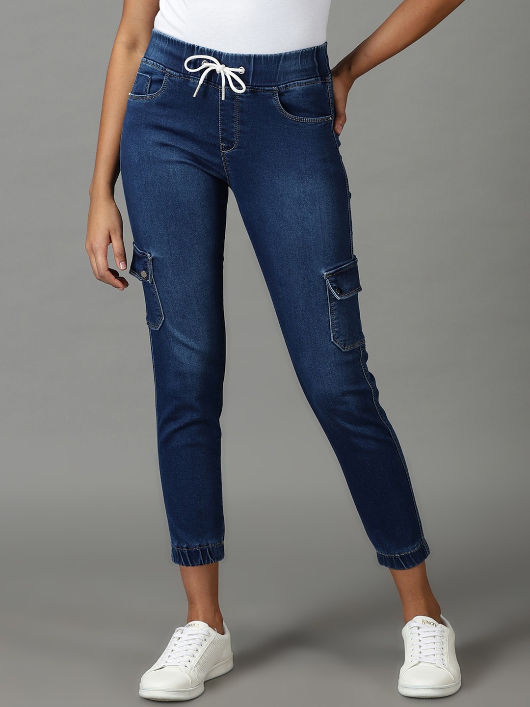 

SHOWOFF Women Jogger High-Rise Light Fade Stretchable Cotton Jeans, Navy blue