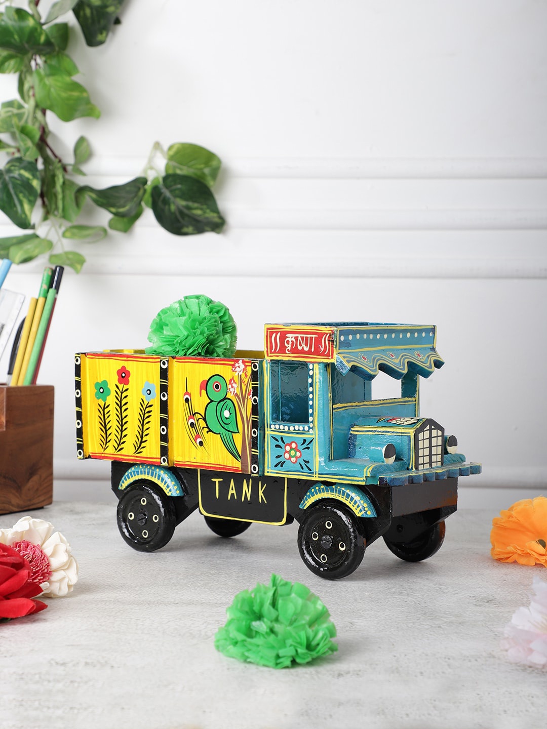 

VarEesha RajRang Blue & Yellow Painted Wooden Truck Showpiece