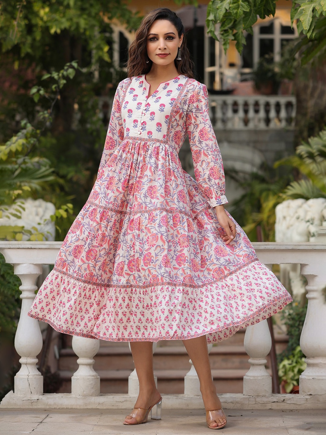 

Rain & Rainbow Floral Printed A-Line Pure Cotton Midi Dress, Pink