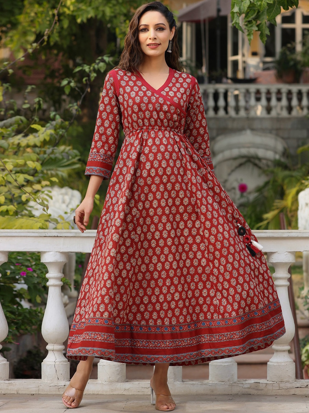 

Rain & Rainbow Printed Pure Cotton Maxi Dress, Maroon