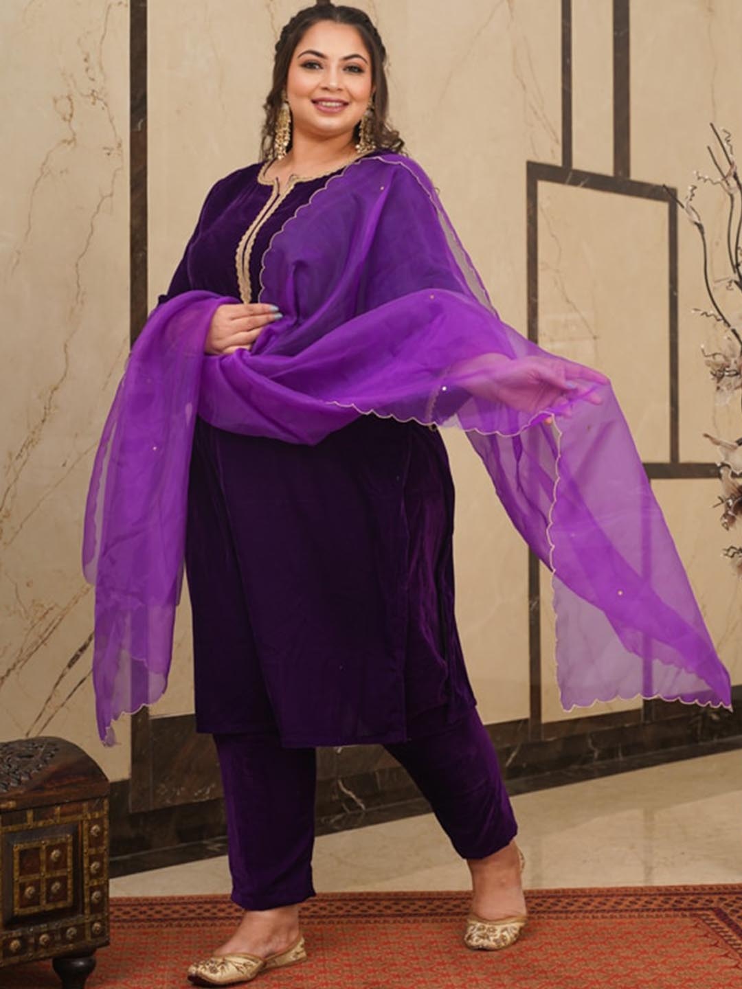 

NANGALIA RUCHIRA Gotta Patti Velvet Kurta with Trousers & Dupatta, Purple