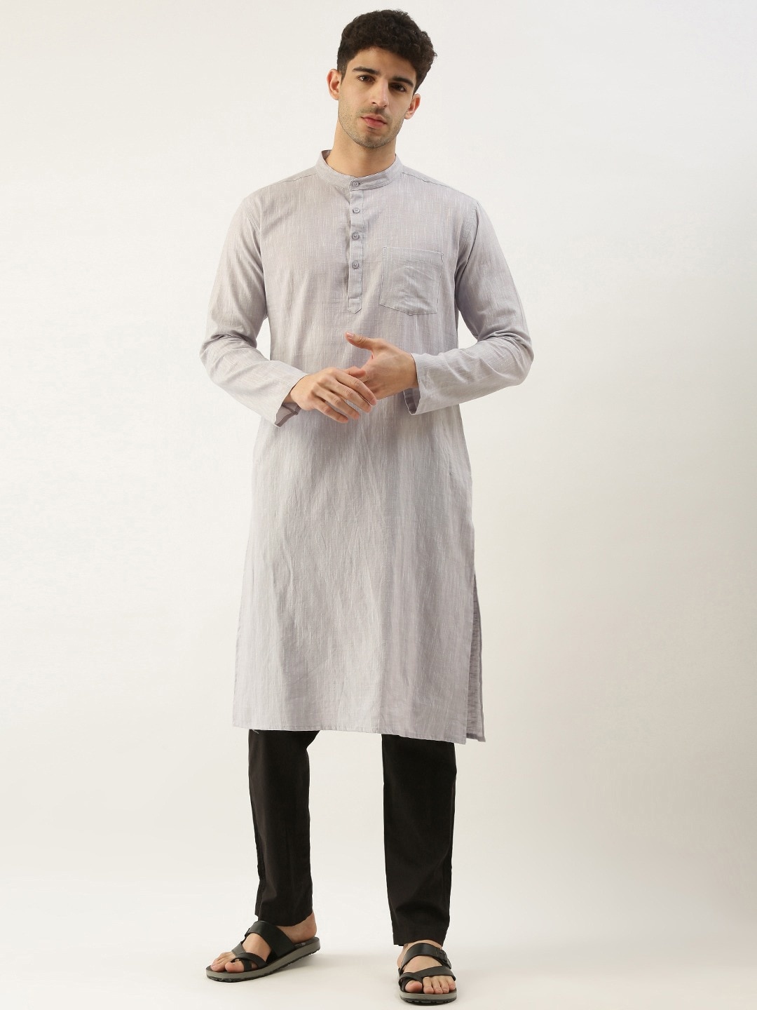 

WHITE HEART Men Band Collar Pure Cotton Kurta, Grey