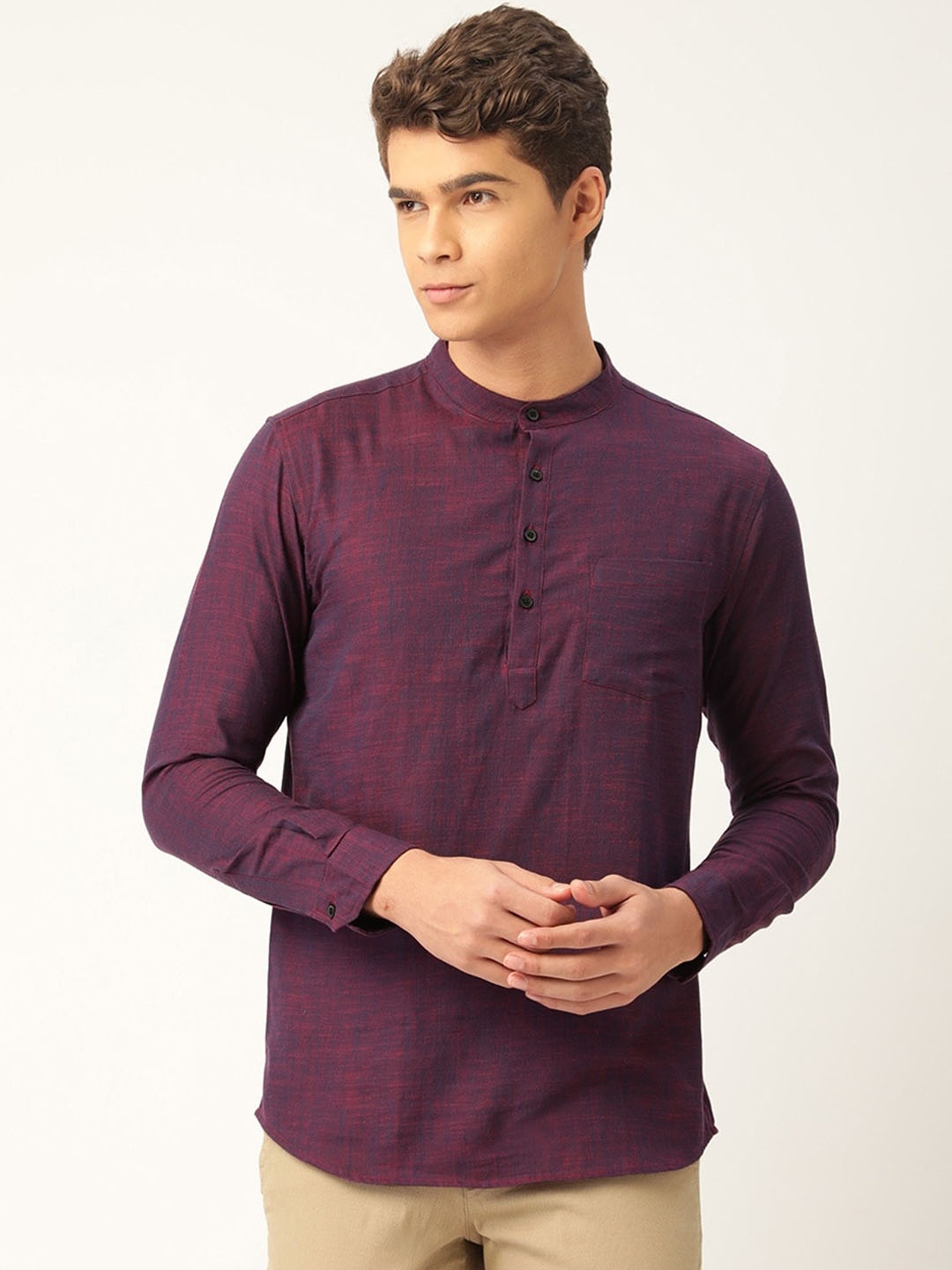 

WHITE HEART Men Band Collar Pure Cotton Kurta, Burgundy