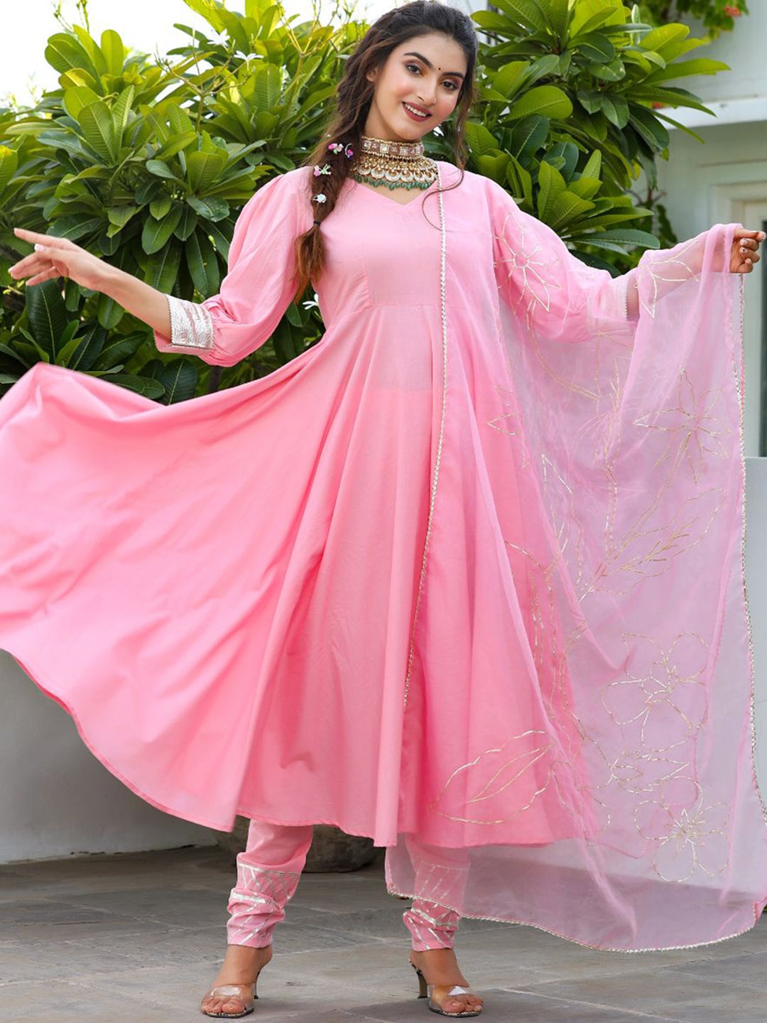 

PINKVILLE JAIPUR Women Gotta Patti Pure Cotton Kurta With Churidar & Dupatta, Pink