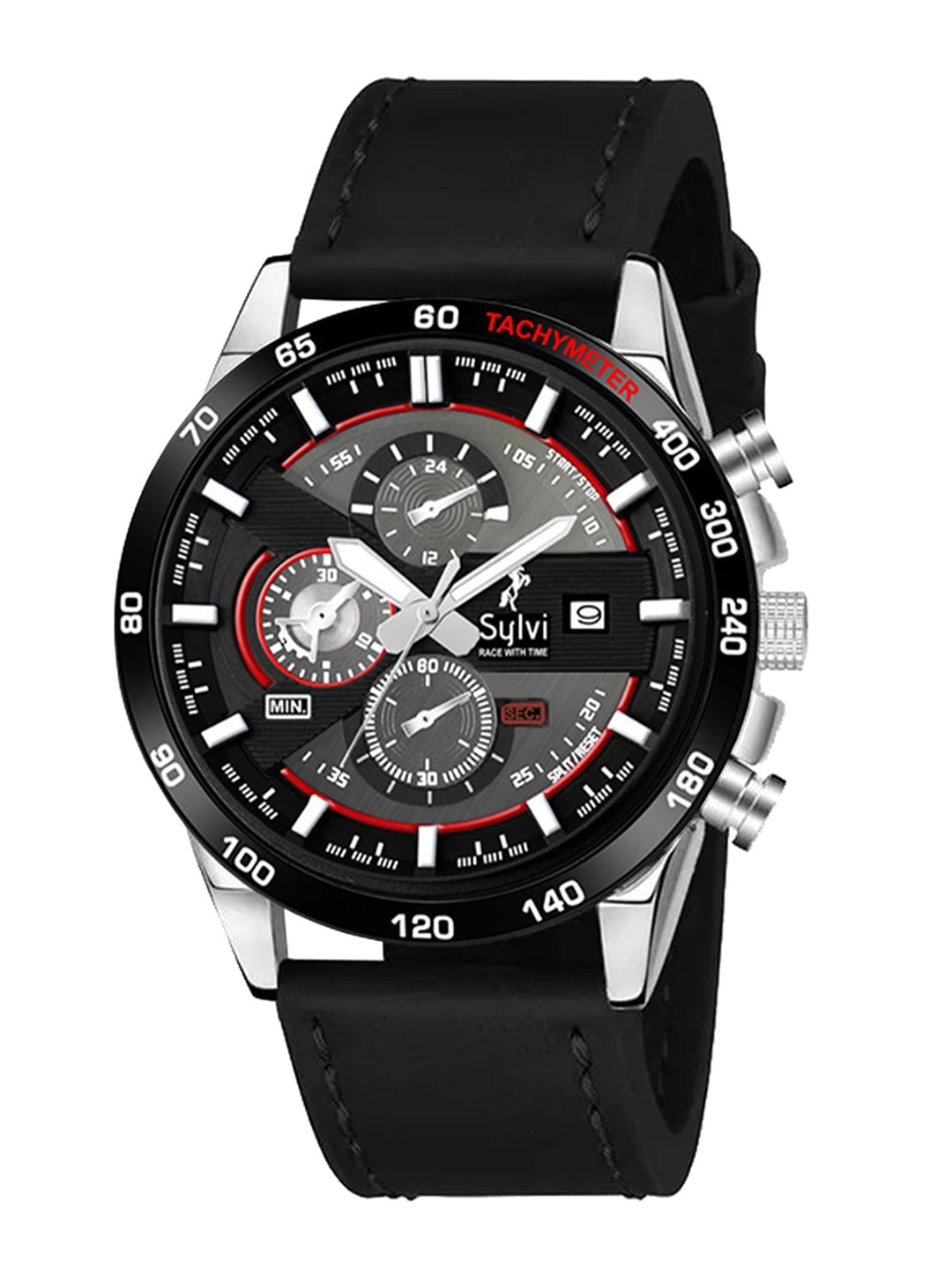 

Sylvi Men Leather Straps Analogue Chronograph Watch 556-Red-black-leather