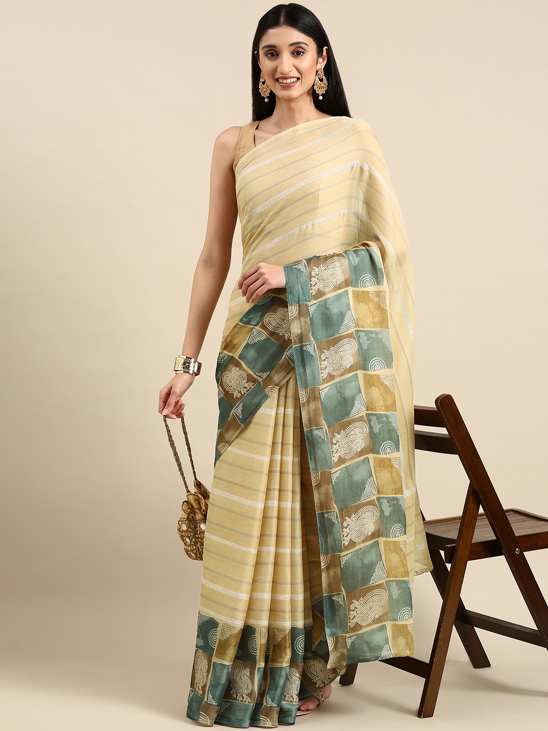 

Anouk Striped Pure Chiffon Saree, Beige