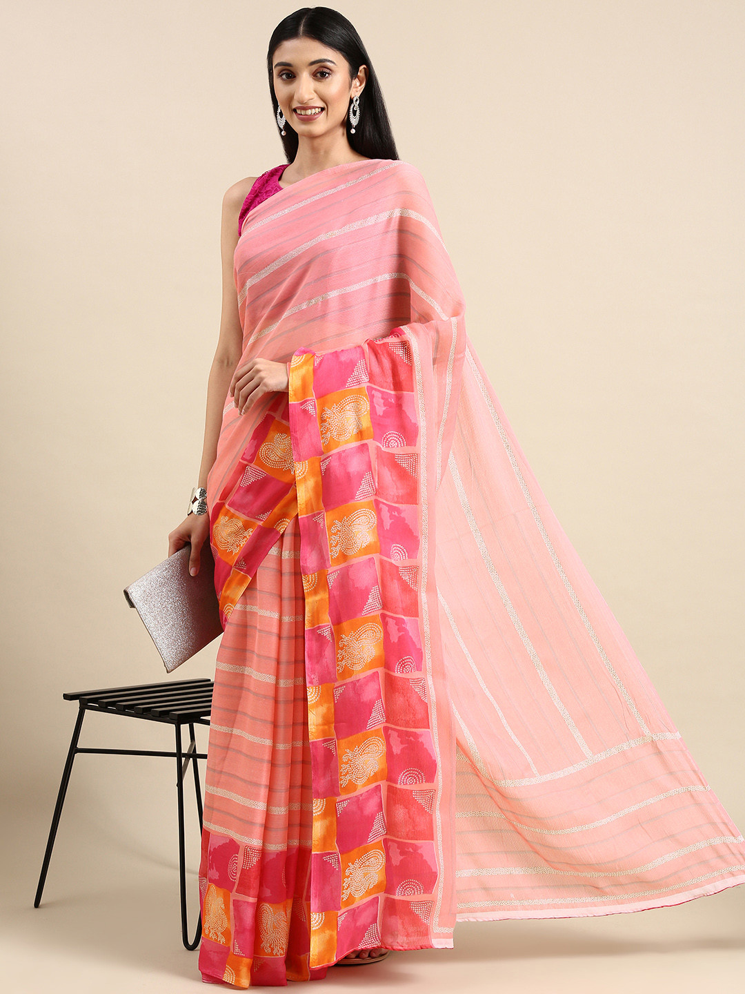 

Anouk Striped Pure Chiffon Saree, Pink