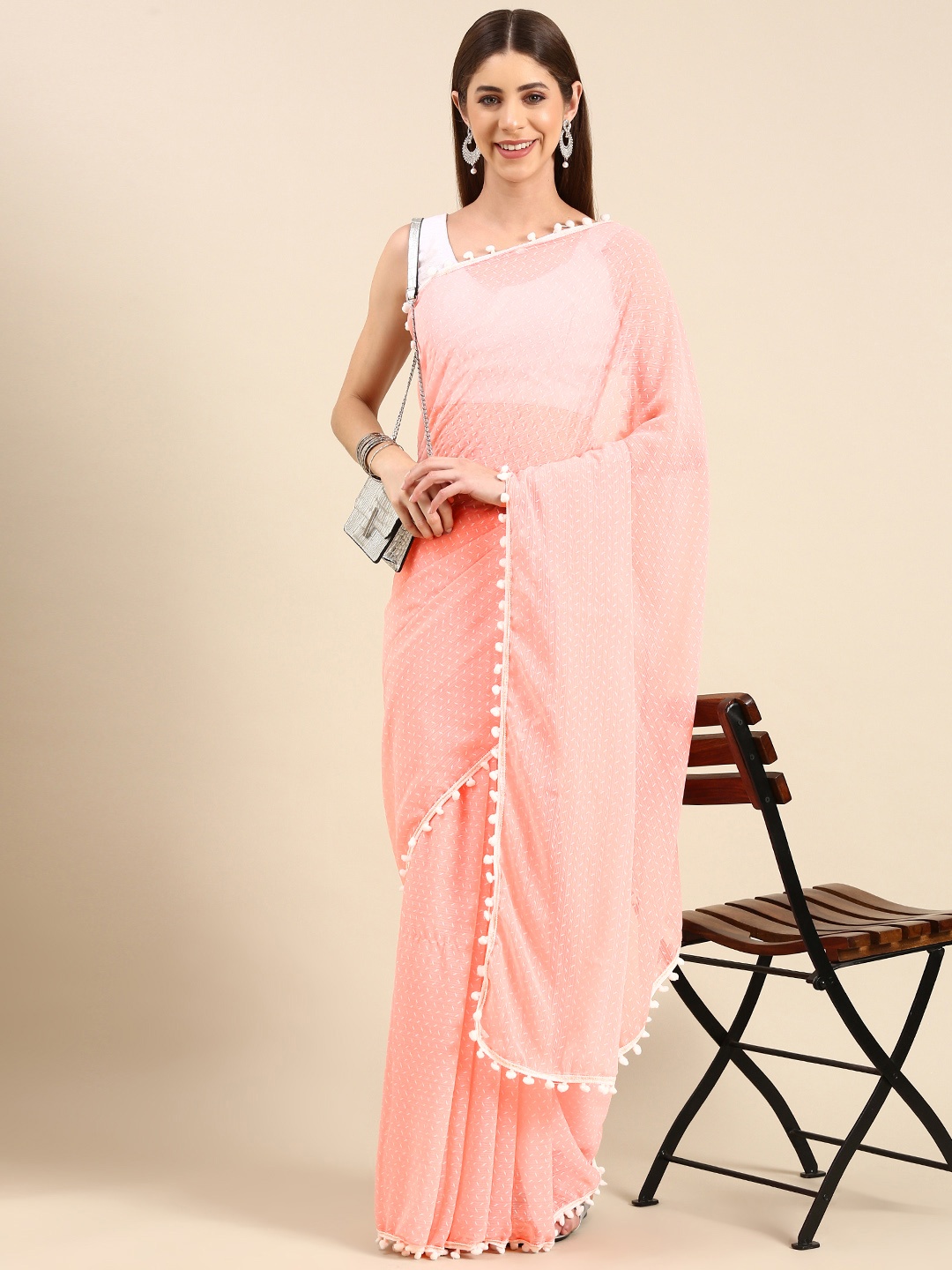 

Anouk Ethnic Motifs Printed Pure Chiffon Saree, Coral