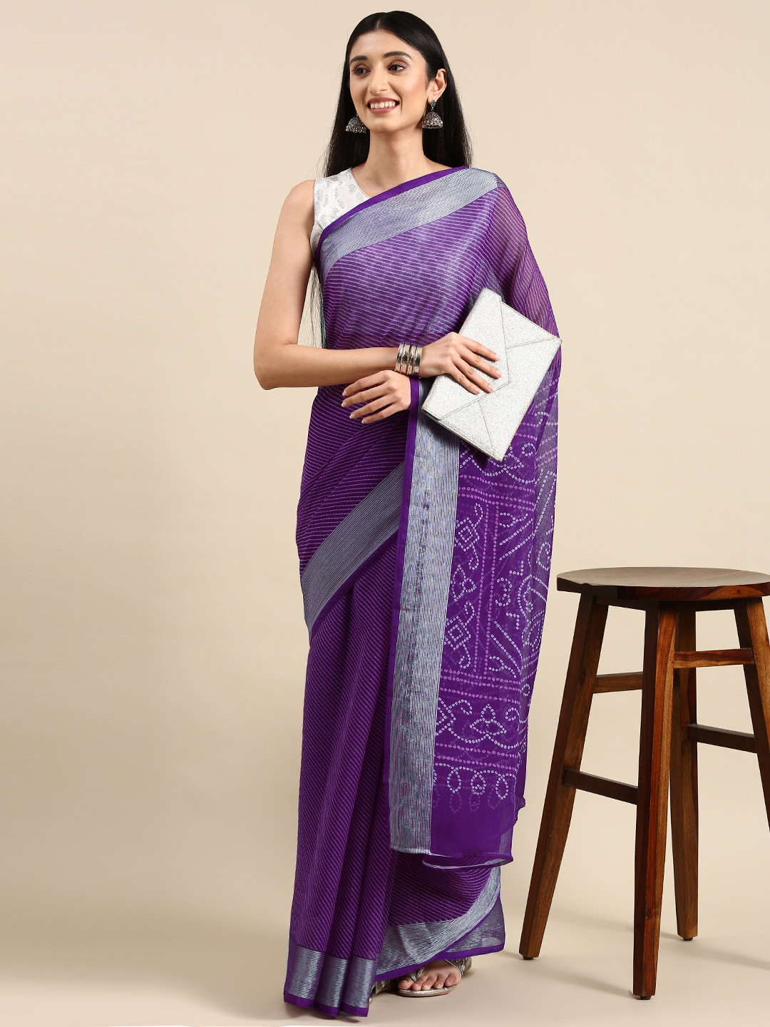 

Anouk Bandhani Pure Chiffon Leheriya Saree, Purple