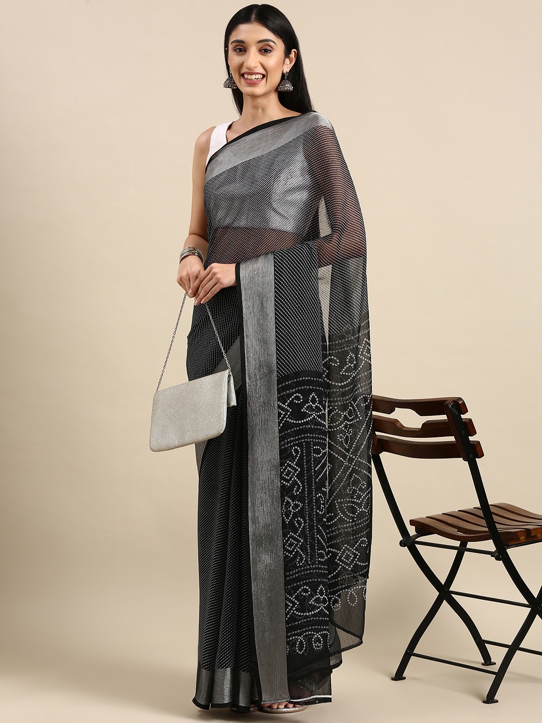 

Anouk Bandhani Pure Chiffon Leheriya Saree, Black