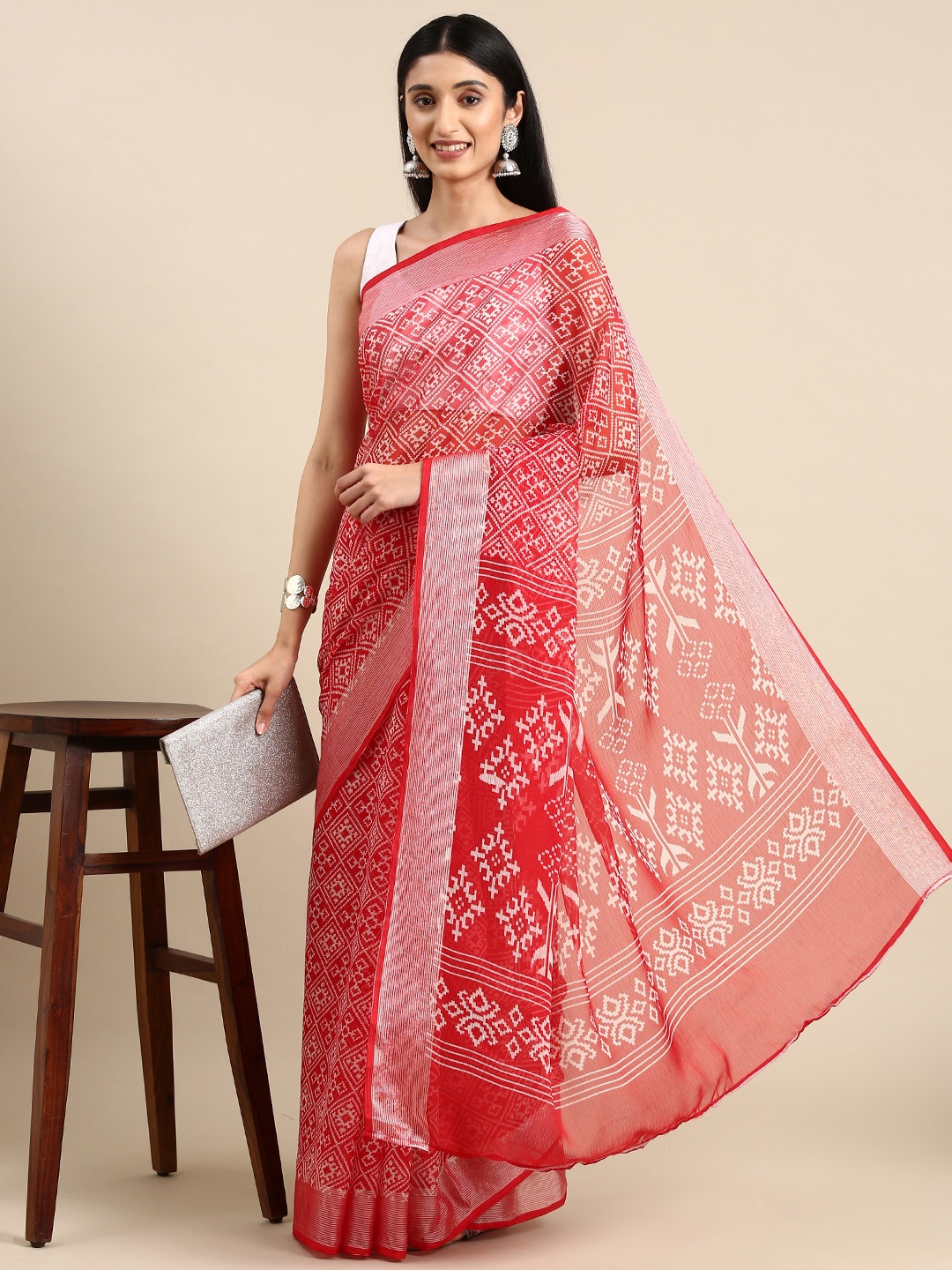 

Anouk Geometric Print Pure Chiffon Saree, Red