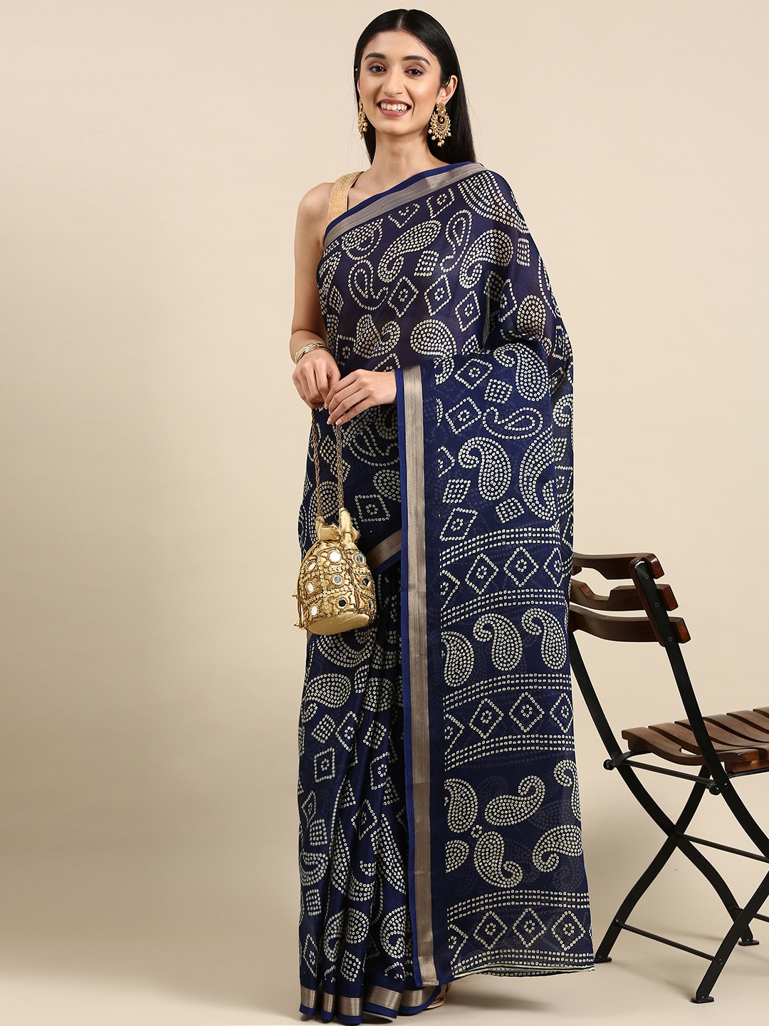 

Anouk Bandhani Chanderi Saree, Navy blue