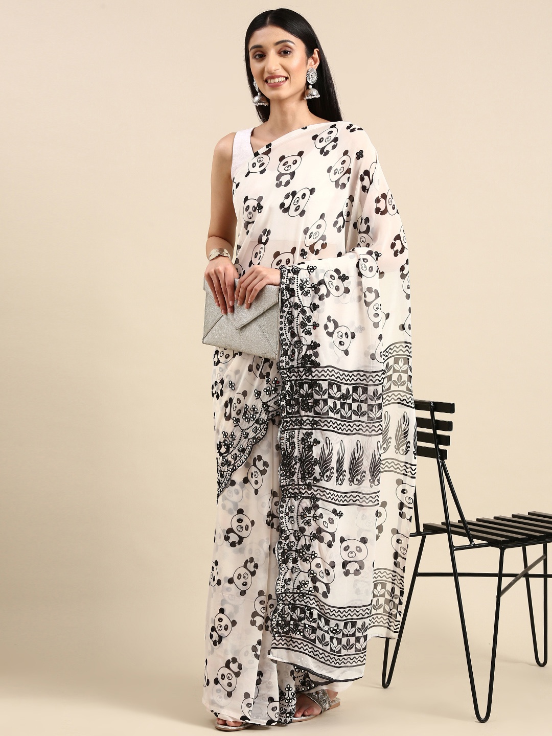 

Anouk Printed Mirror Work Pure Georgette Saree, Black