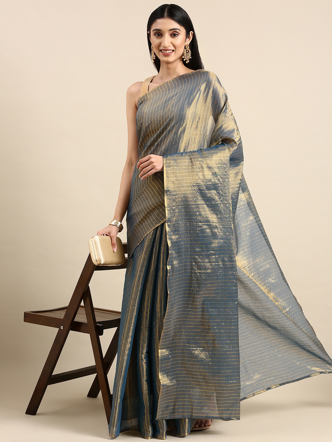 

Anouk Striped Zari Saree, Grey