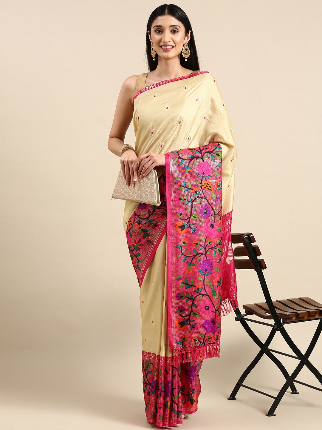 

Anouk Ethnic Motifs Zari Silk Blend Saree, Beige