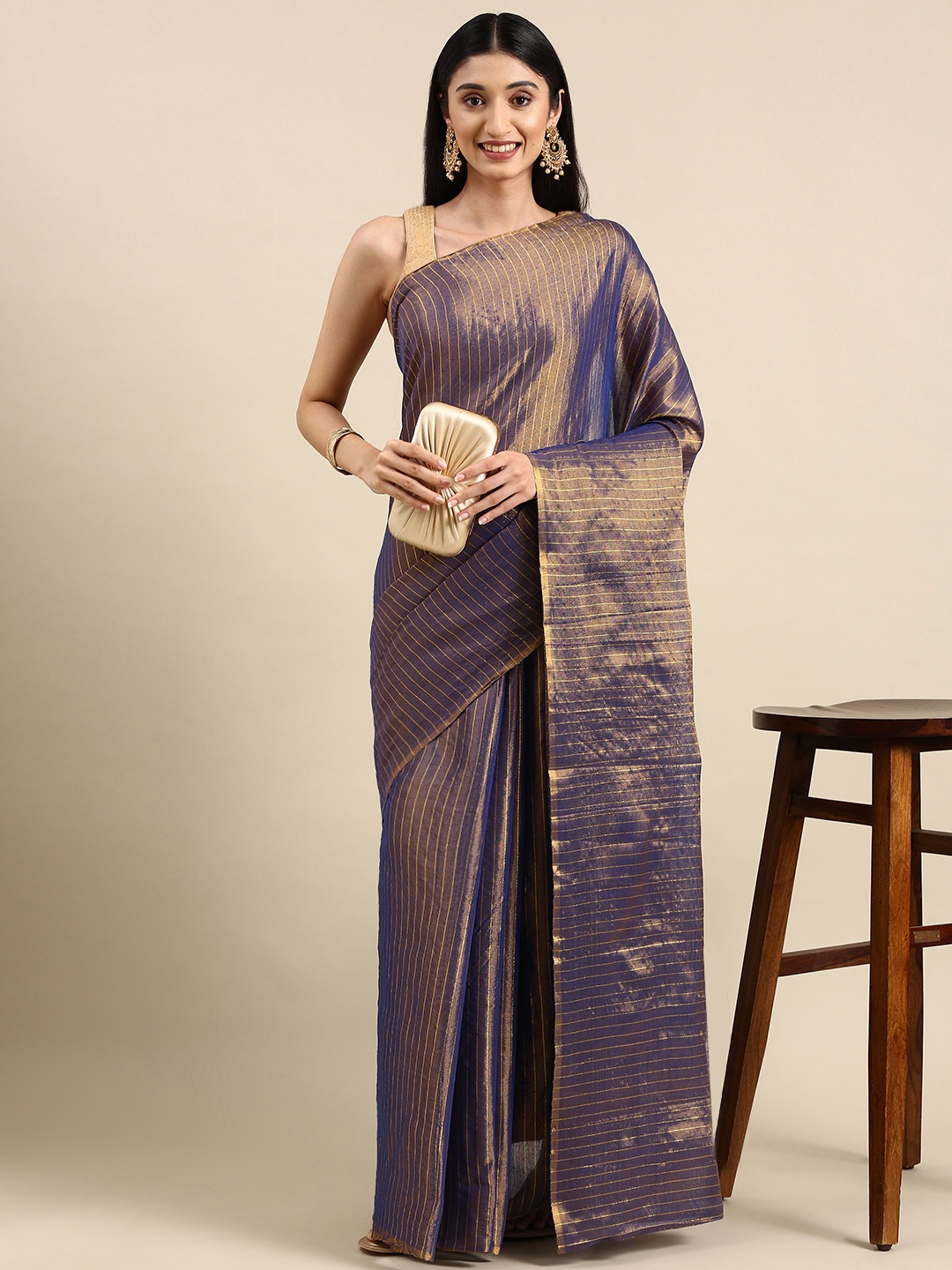 

Anouk Striped Zari Saree, Navy blue