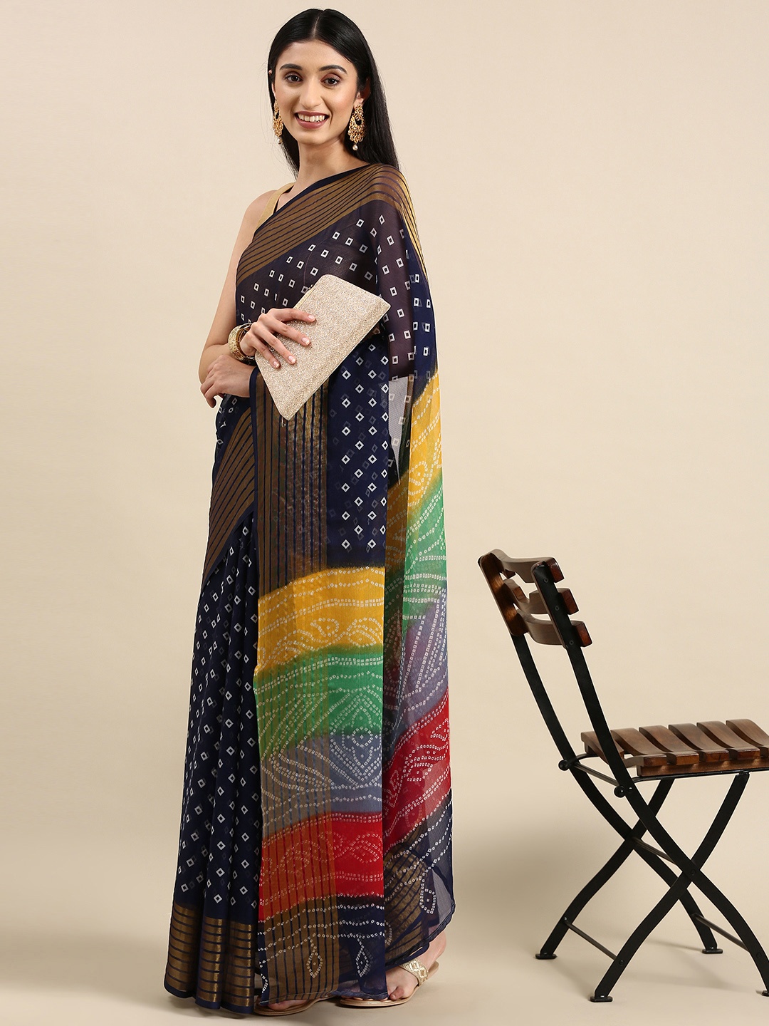 

Anouk Pure Chiffon Bandhani Saree, Navy blue