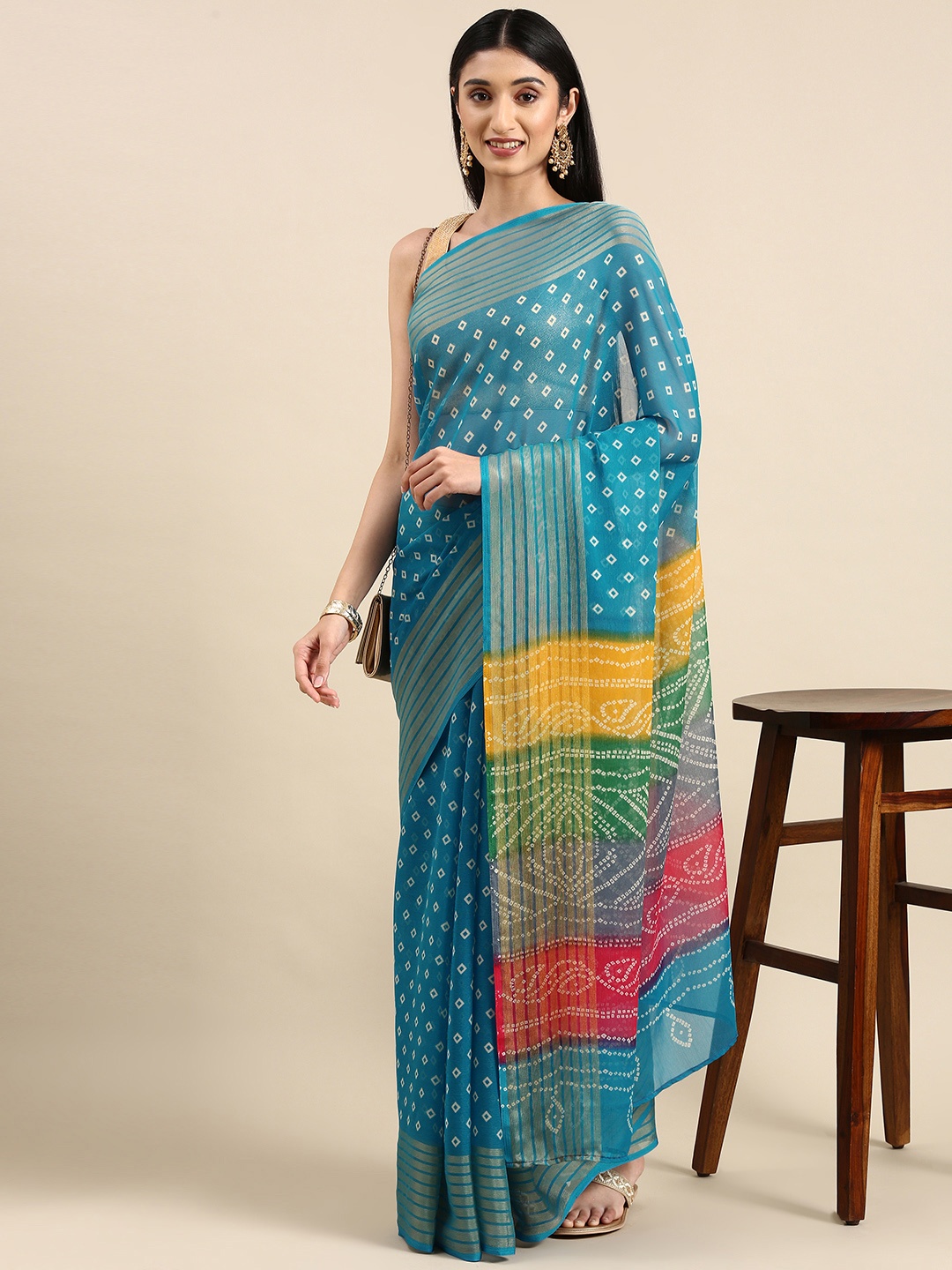 

Anouk Pure Chiffon Bandhani Saree, Turquoise blue