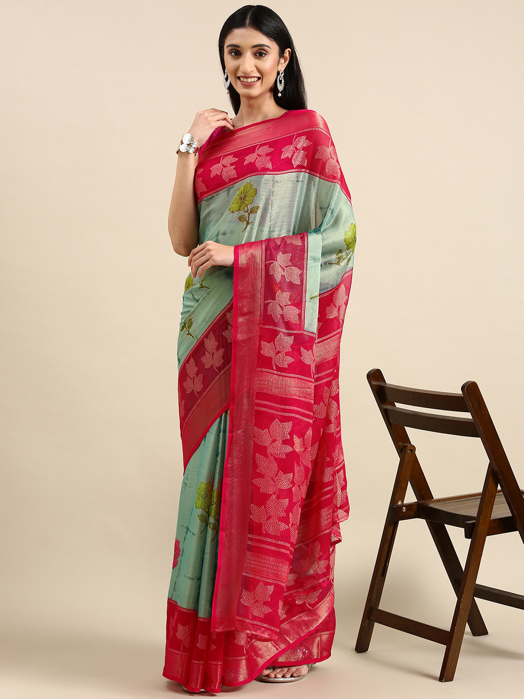 

Anouk Floral Zari Pure Chiffon Saree, Sea green