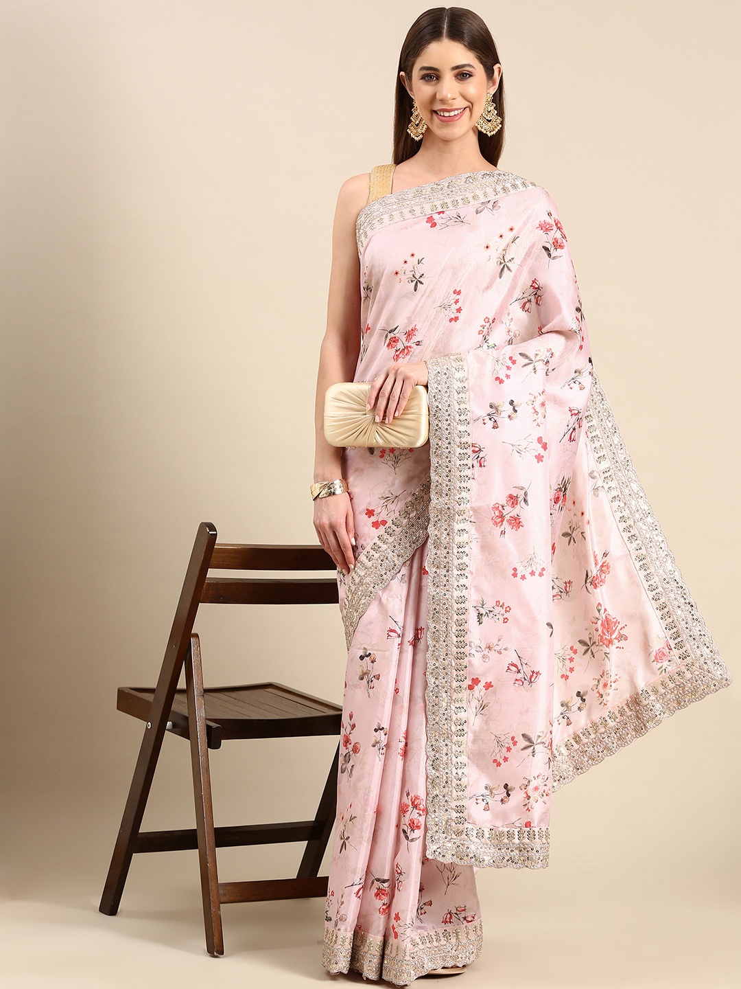 

Anouk Floral Printed Sequinned Silk Blend Saree, Pink