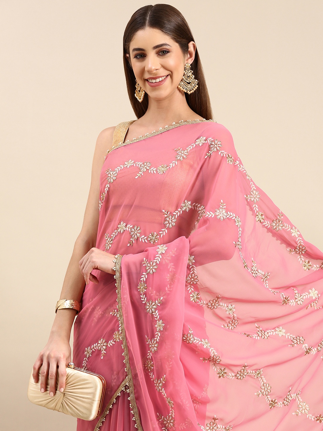 

Anouk Ethnic Motifs Embroidered Beads & Stones Pure Georgette Saree, Pink