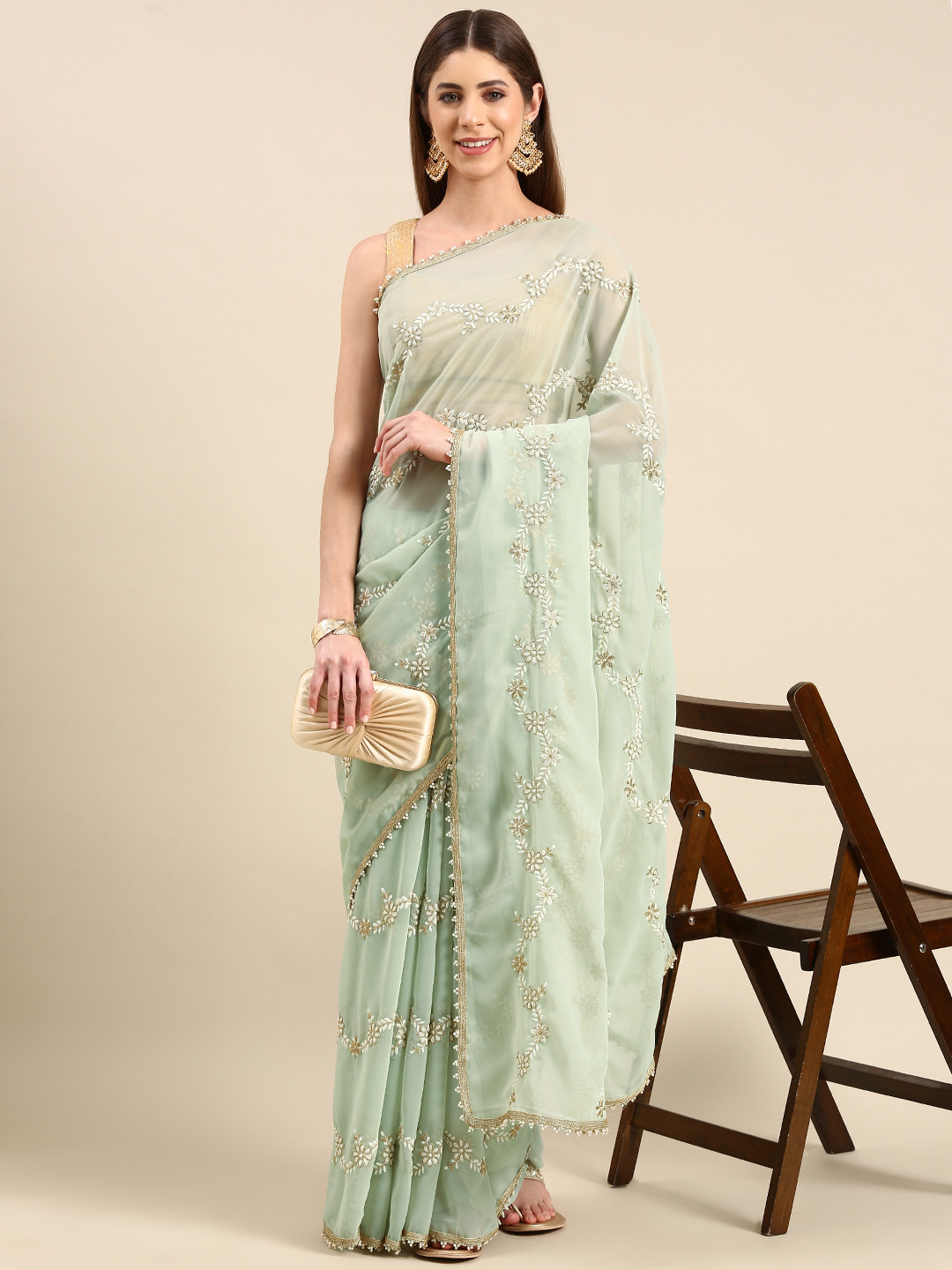 

Anouk Ethnic Motifs Embroidered Beads & Stones Pure Georgette Saree, Green