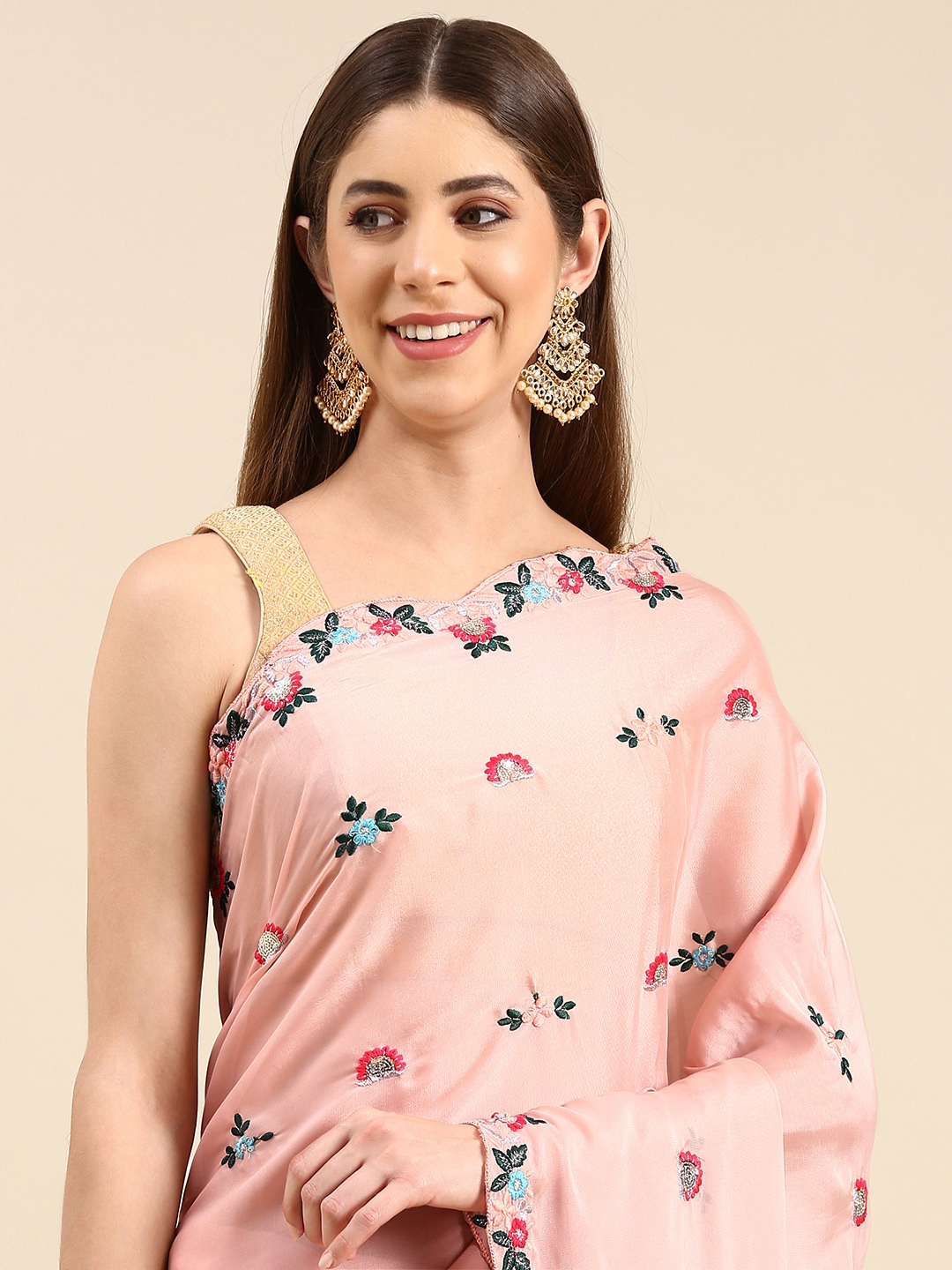 

Anouk Ethnic Motifs Embroidered Silk Blend Saree, Pink