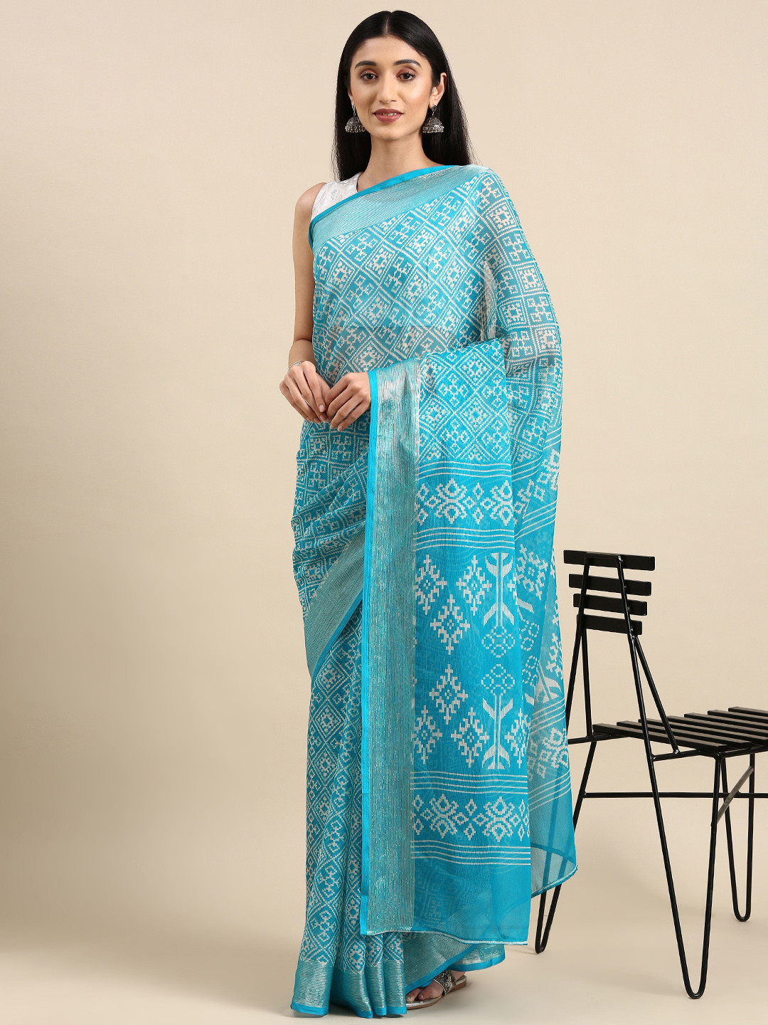 

Anouk Geometric Print Pure Chiffon Saree, Turquoise blue