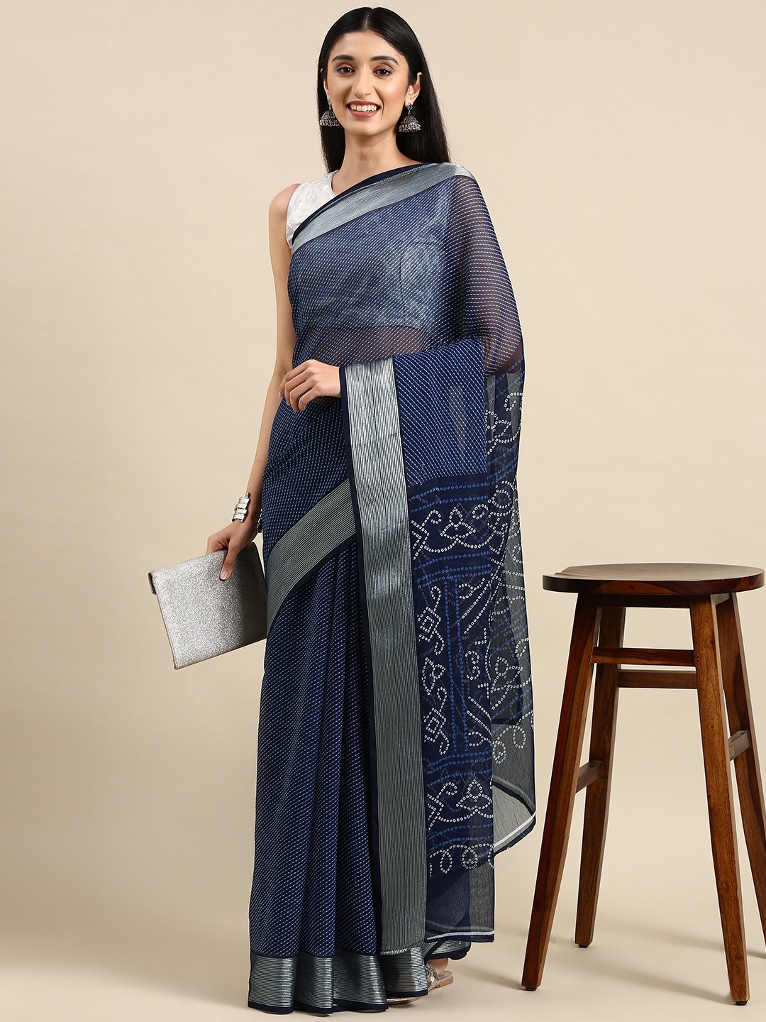 

Anouk Bandhani Pure Chiffon Leheriya Saree, Navy blue
