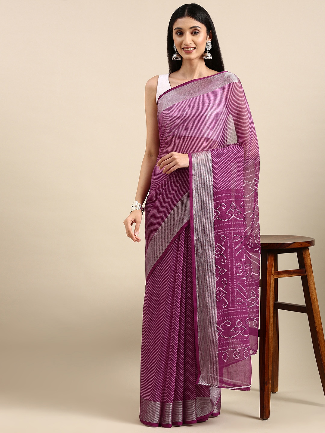 

Anouk Bandhani Pure Chiffon Leheriya Saree, Magenta