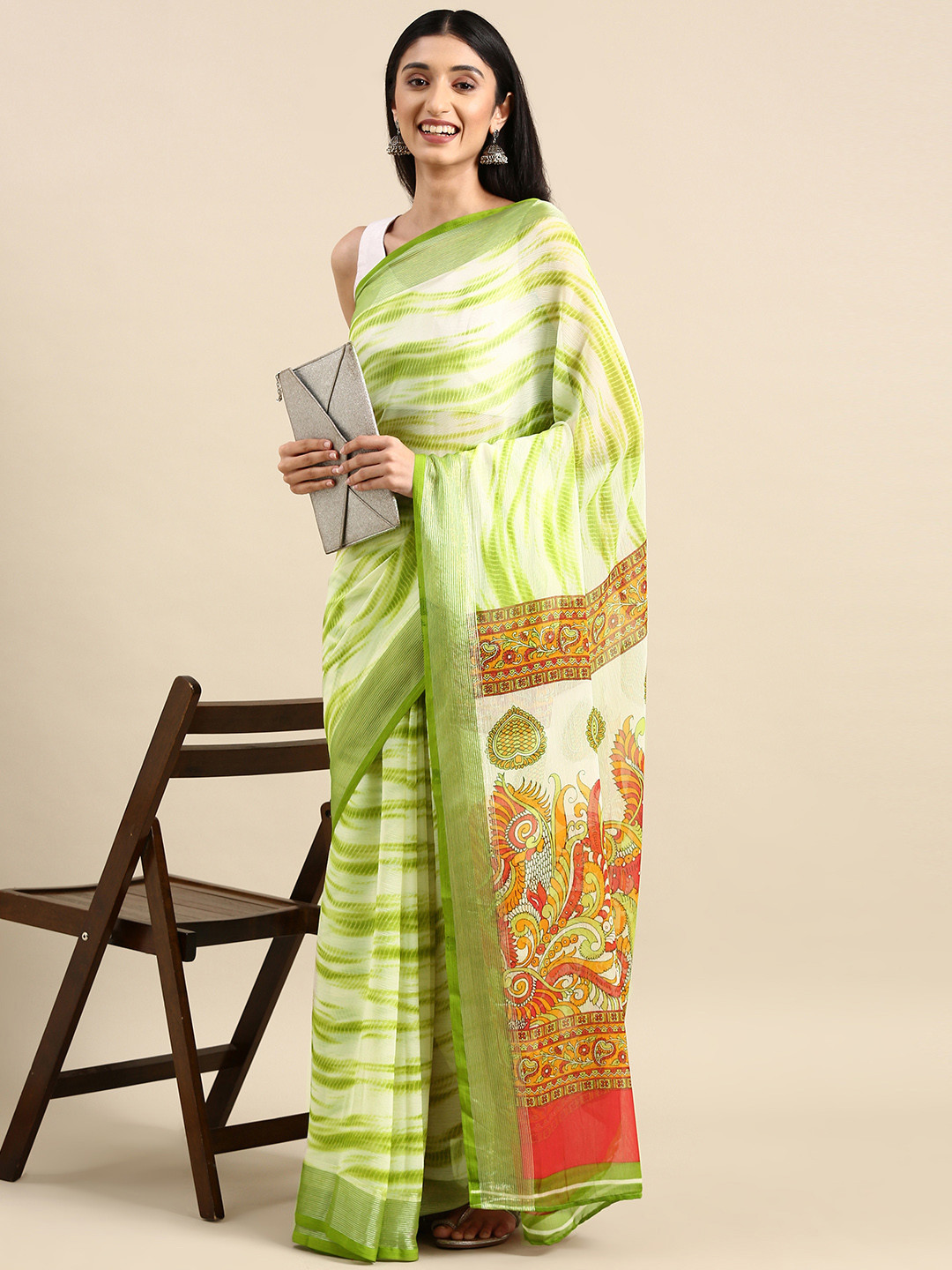 

Anouk Pure Chiffon Leheriya Saree, Olive
