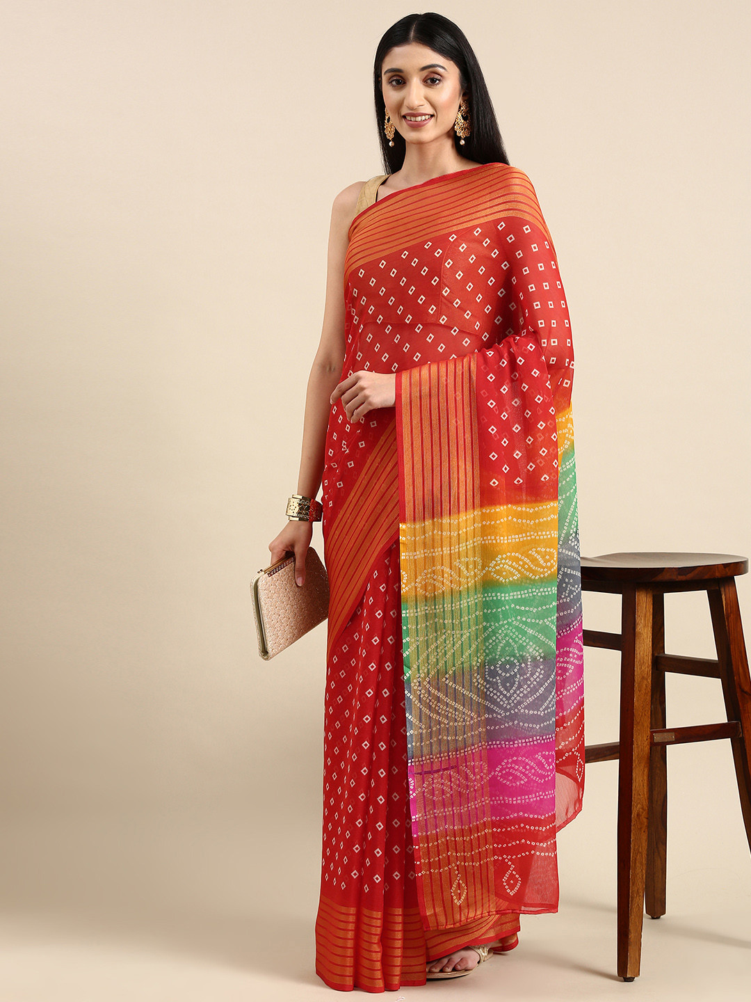 

Anouk Pure Chiffon Bandhani Saree, Red