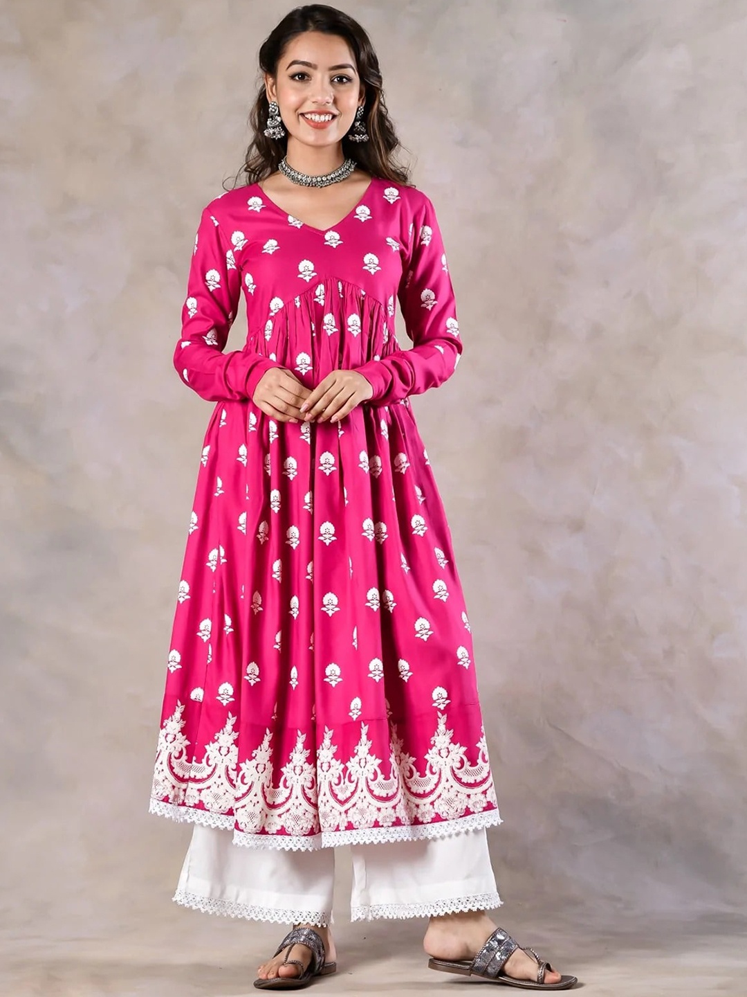 Rustorange Women Floral Printed Floral Anarkali Kurta, Pink
