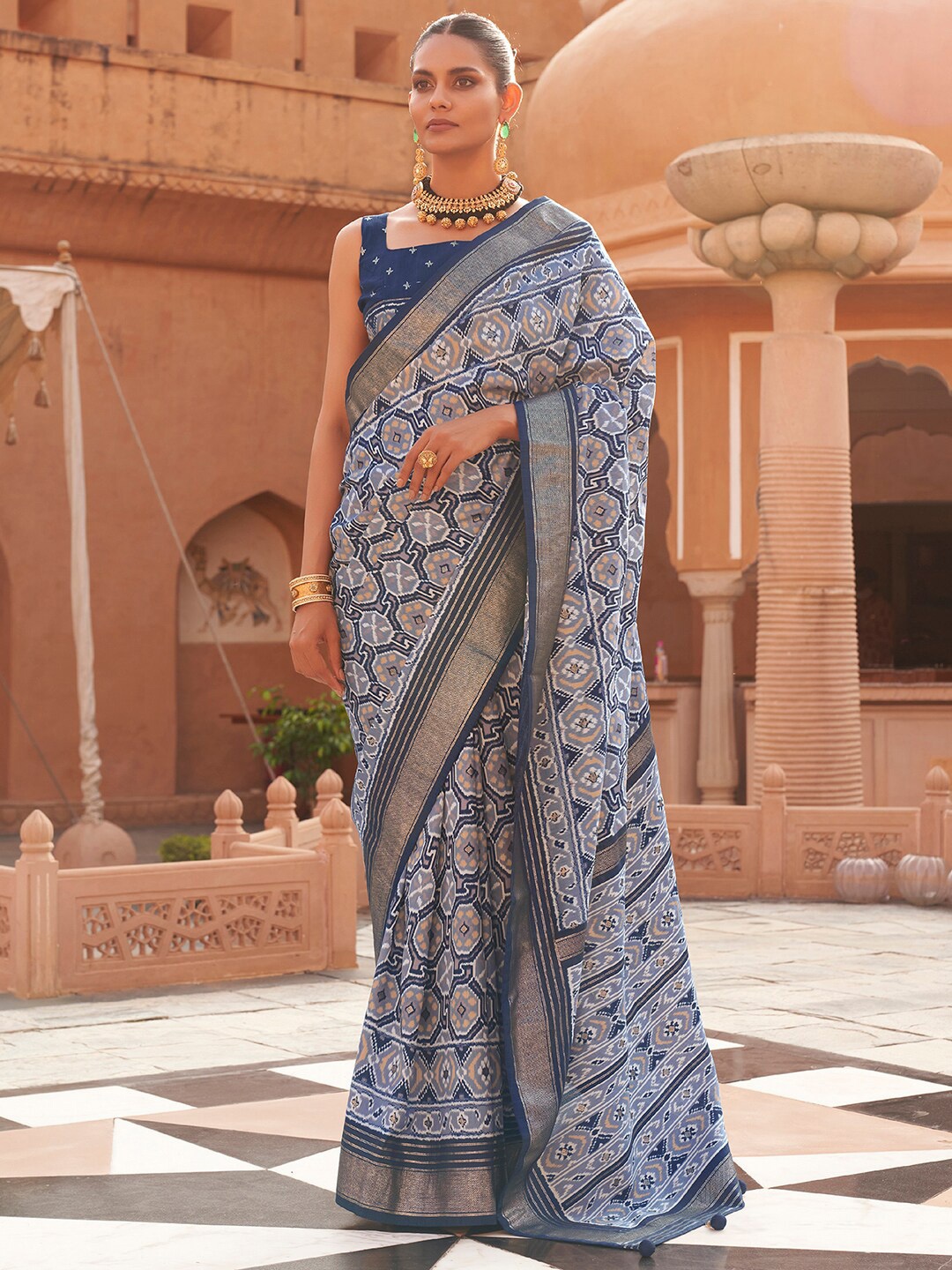 

Anouk Ethnic Motifs Woven Design Zari Silk Blend Pochampally Saree, Grey