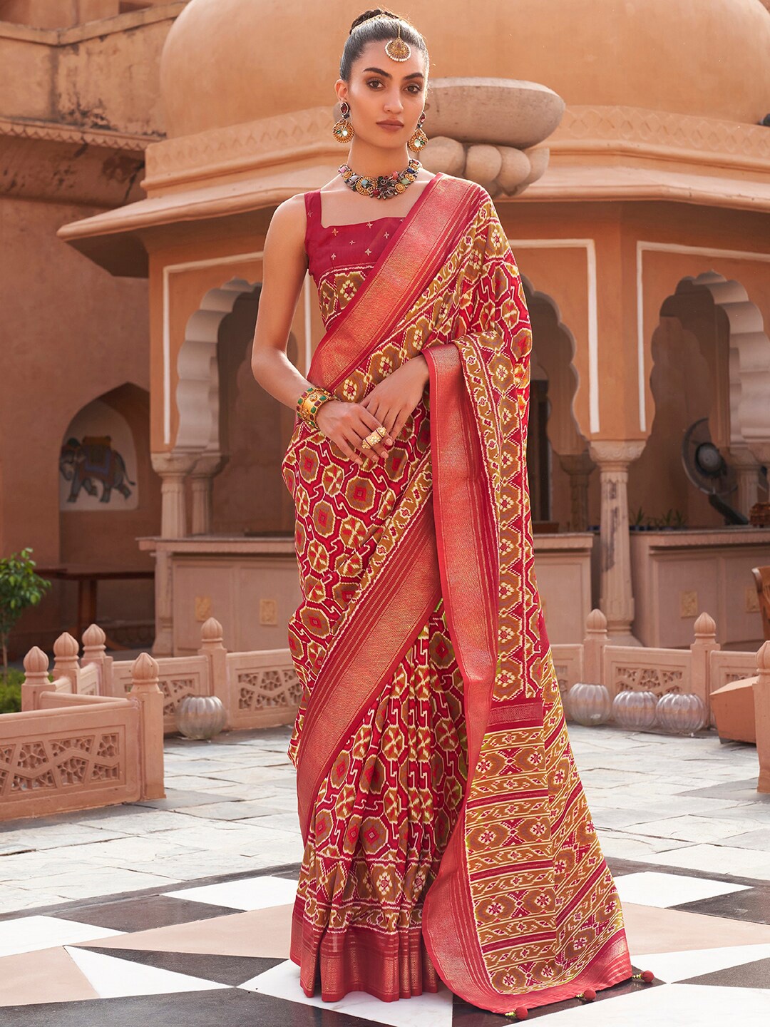 

Anouk Ethnic Motifs Printed Zari Silk Blend Pochampally Saree, Red