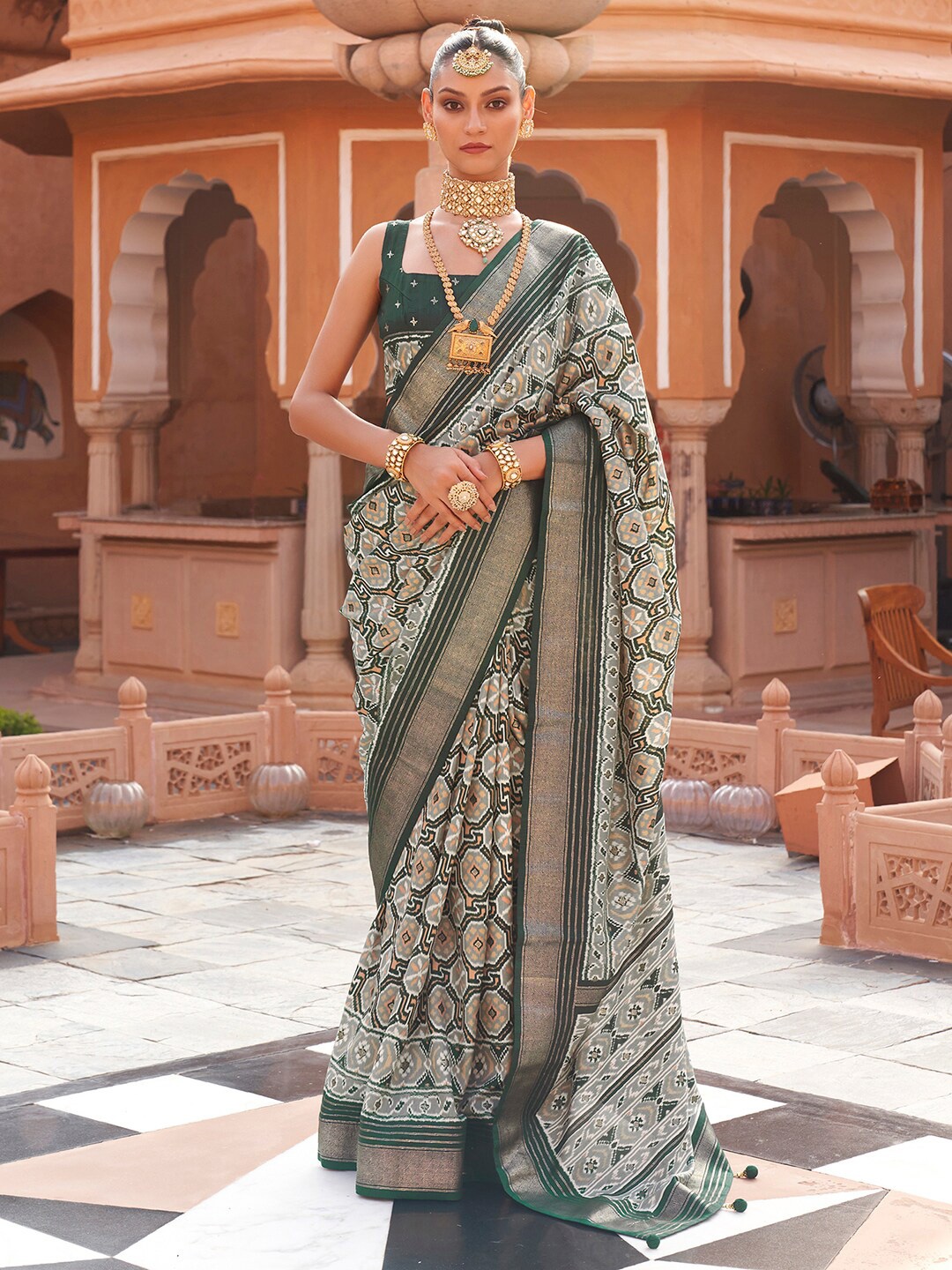 

Anouk Ethnic Motifs Zari Silk Blend Pochampally Saree, Grey