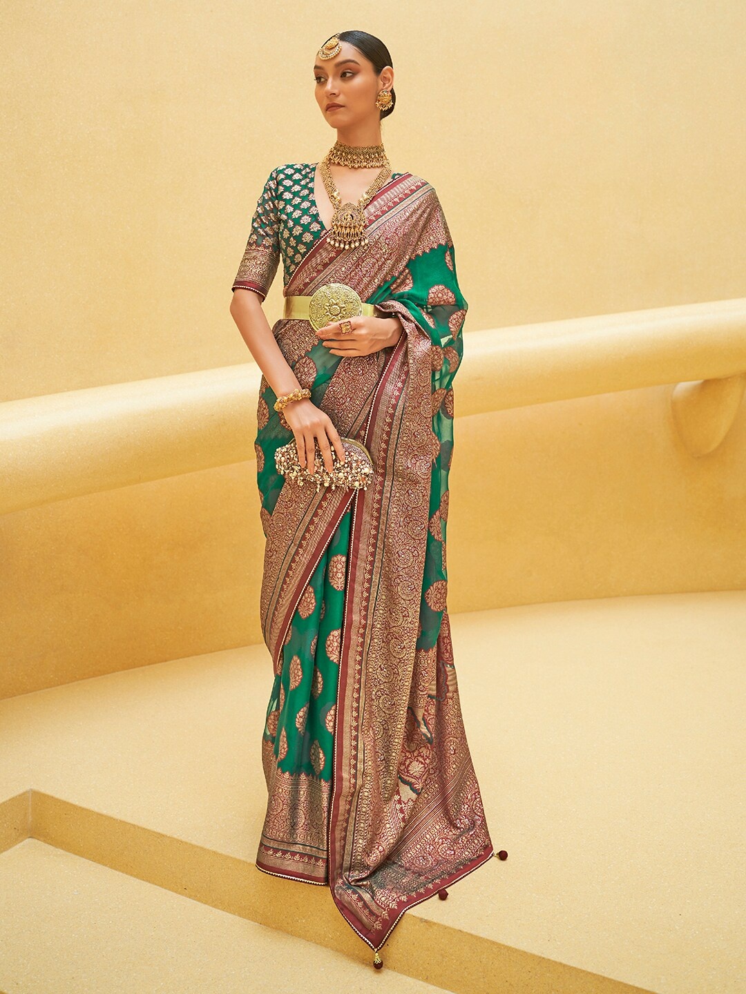 

Anouk Warli Zari Organza Banarasi Saree, Teal