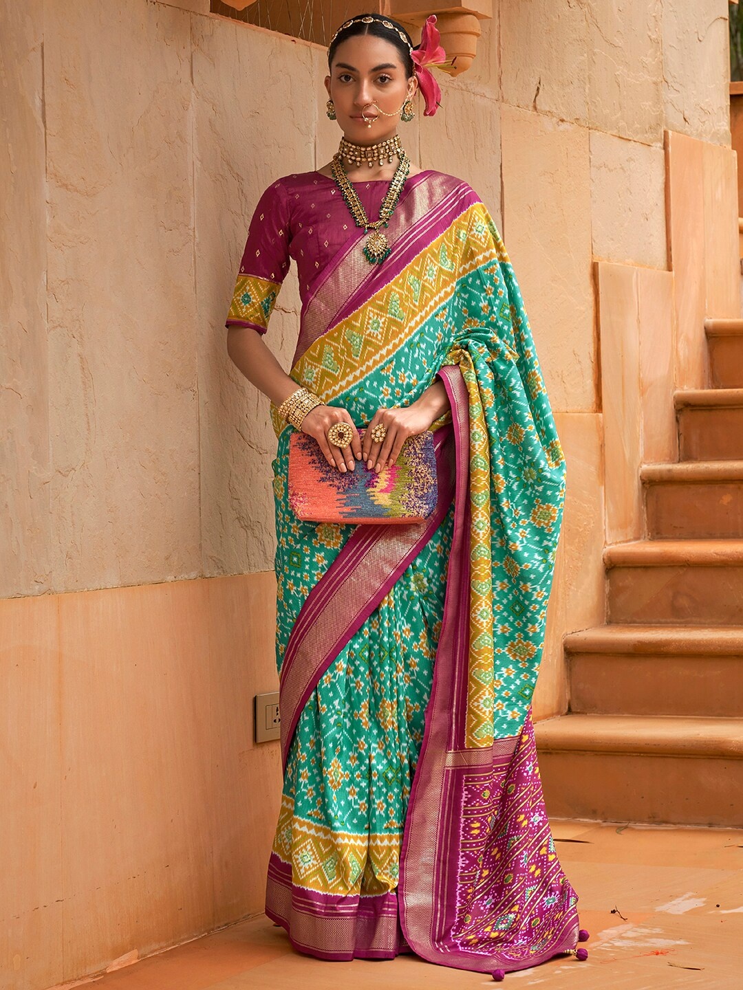 

Anouk Sea Ethnic Motifs Zari Silk Blend Pochampally Saree, Sea green