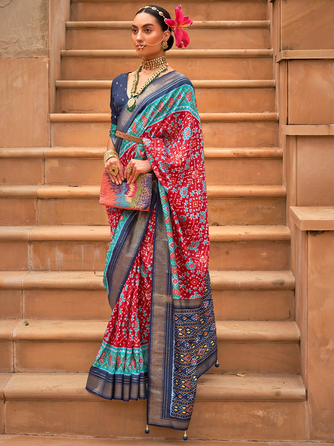 

Anouk Ethnic Motifs Zari Silk Blend Pochampally Saree, Red