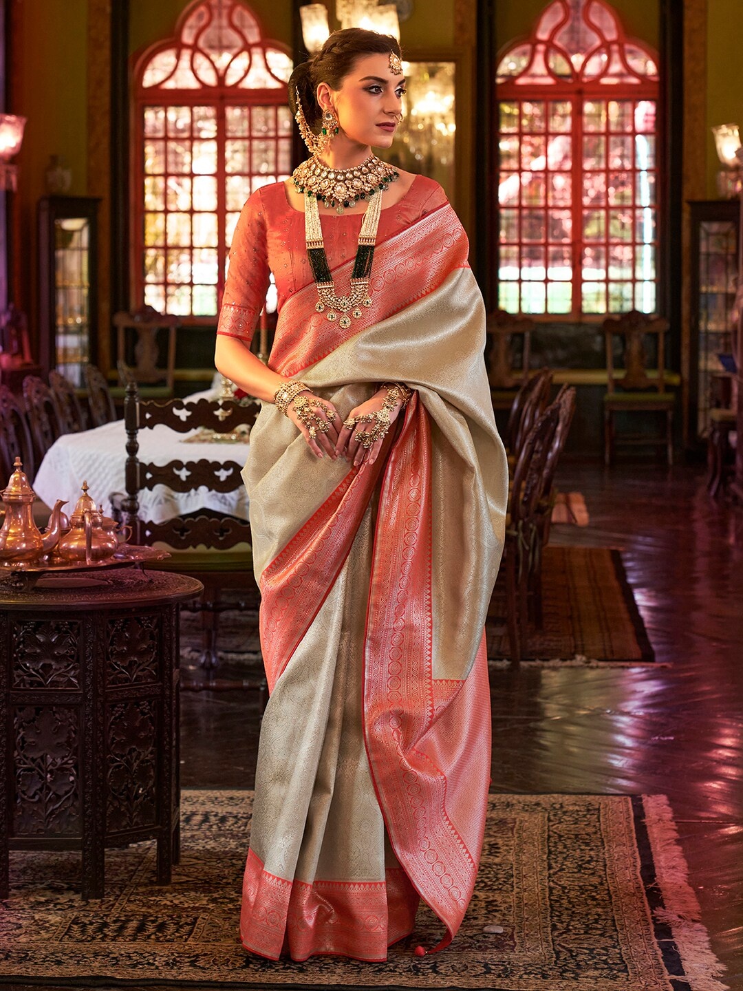 

Anouk Ethnic Motifs Woven Design Zari Silk Blend Kanjeevaram Saree, Cream