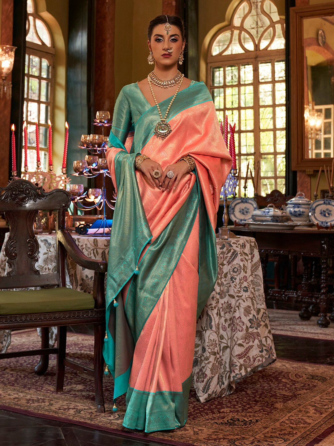 

Anouk Woven Design Zari Kanjeevaram Saree, Peach