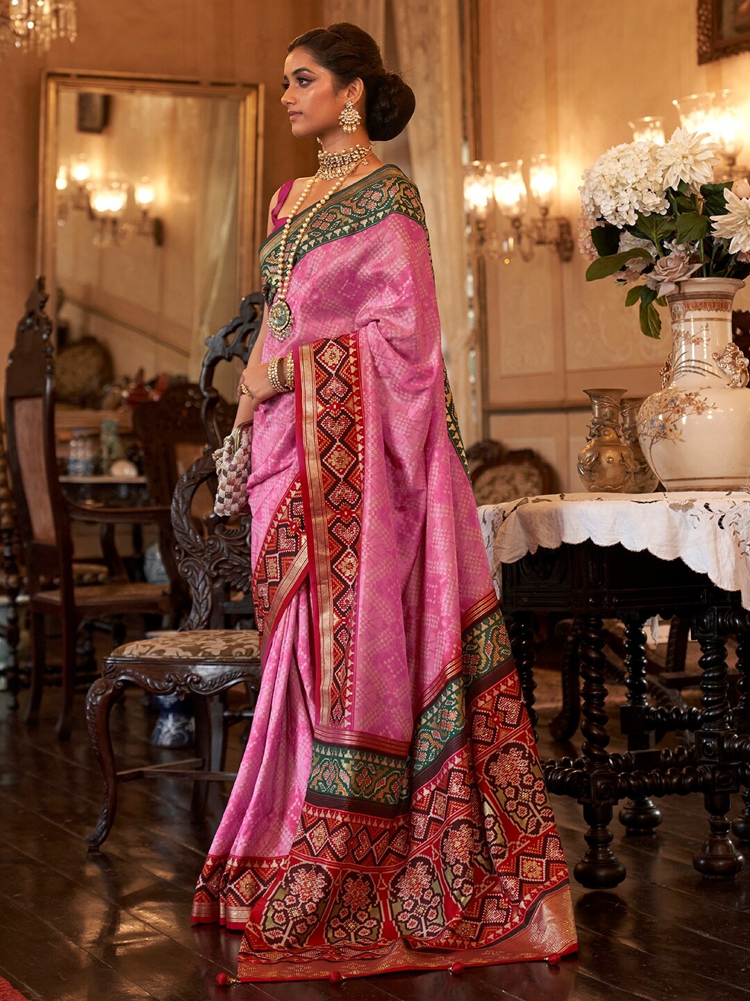 

Anouk Bandhani Printed Zari Patola Saree, Pink