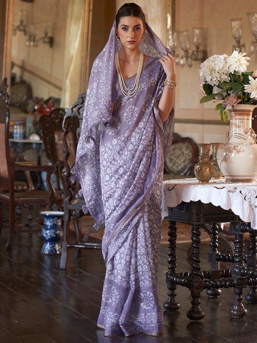 

Anouk Printed Dabu Zari Bagru Saree, Lavender