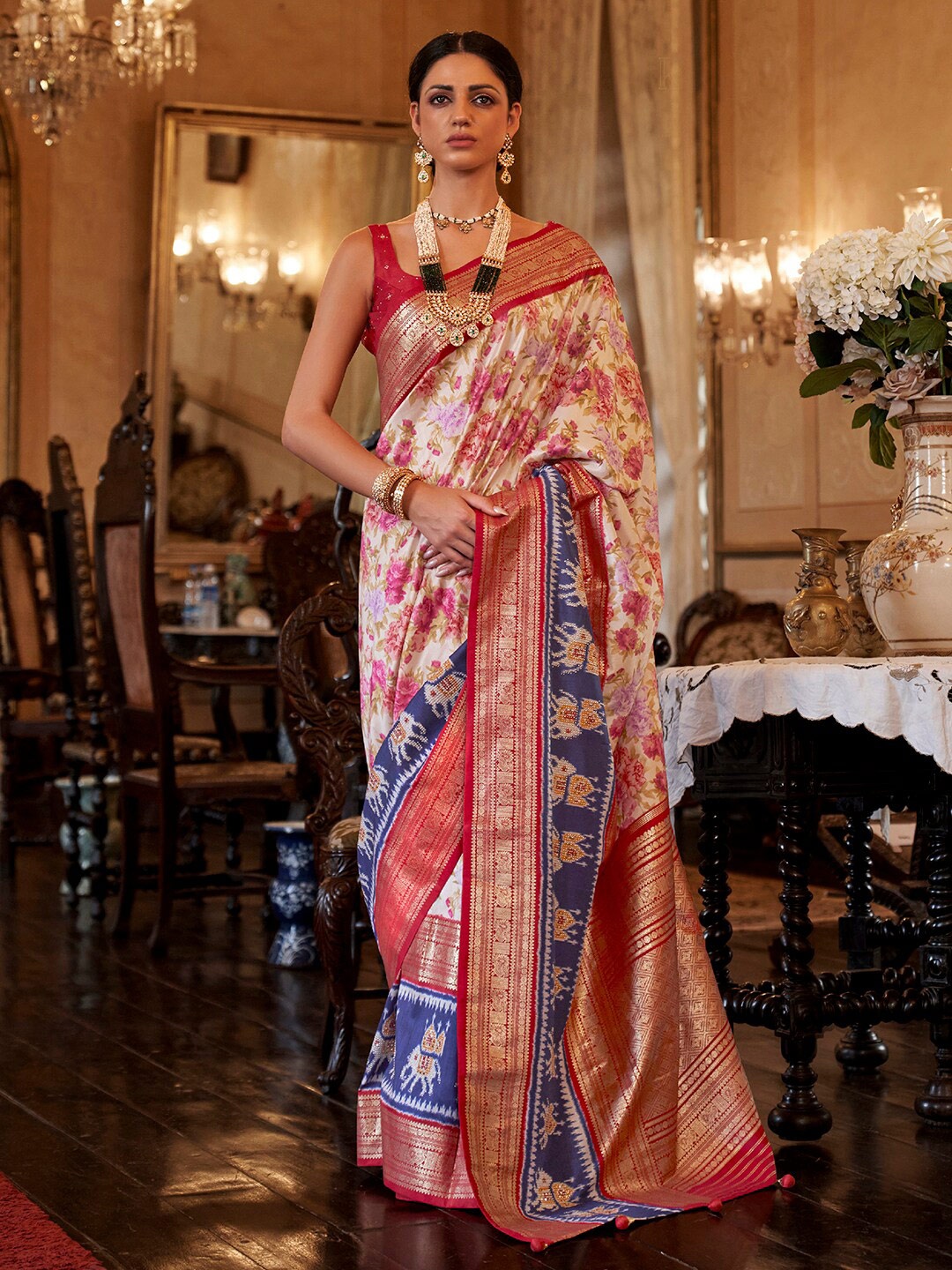 

Anouk Floral Zari Silk Blend Patola Saree, Cream