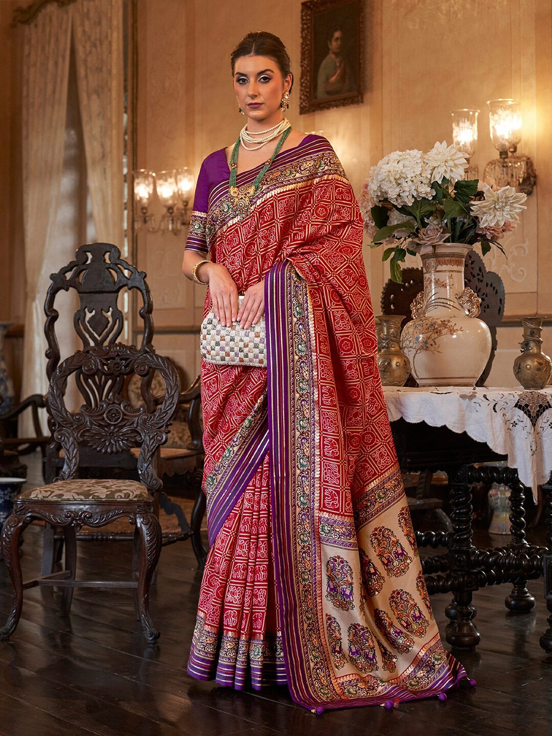 

Anouk Ethnic Motifs Printed Silk Blend Patola Saree, Red